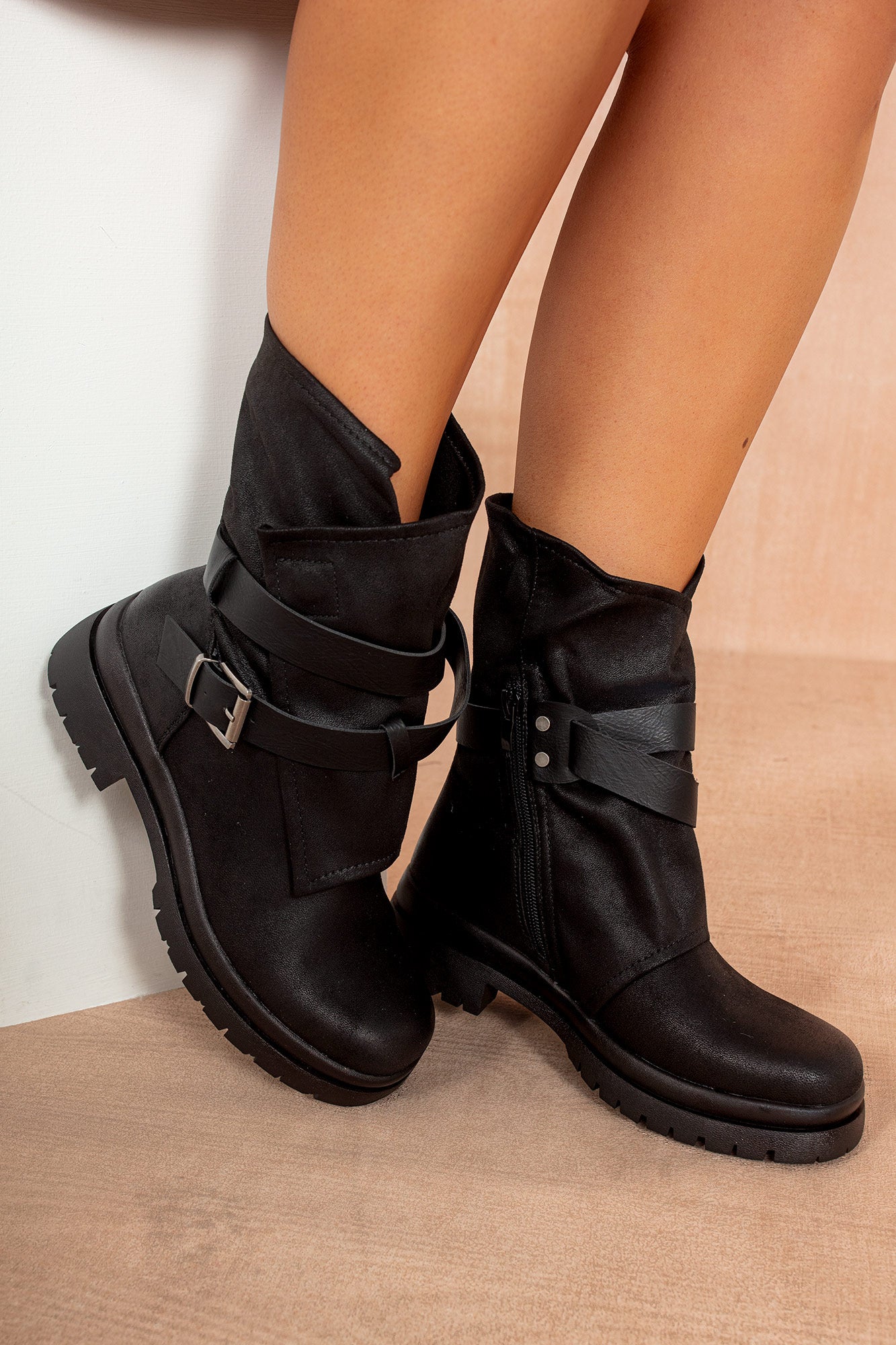 Loretta Black Leather Look Chunky Ankle Boots