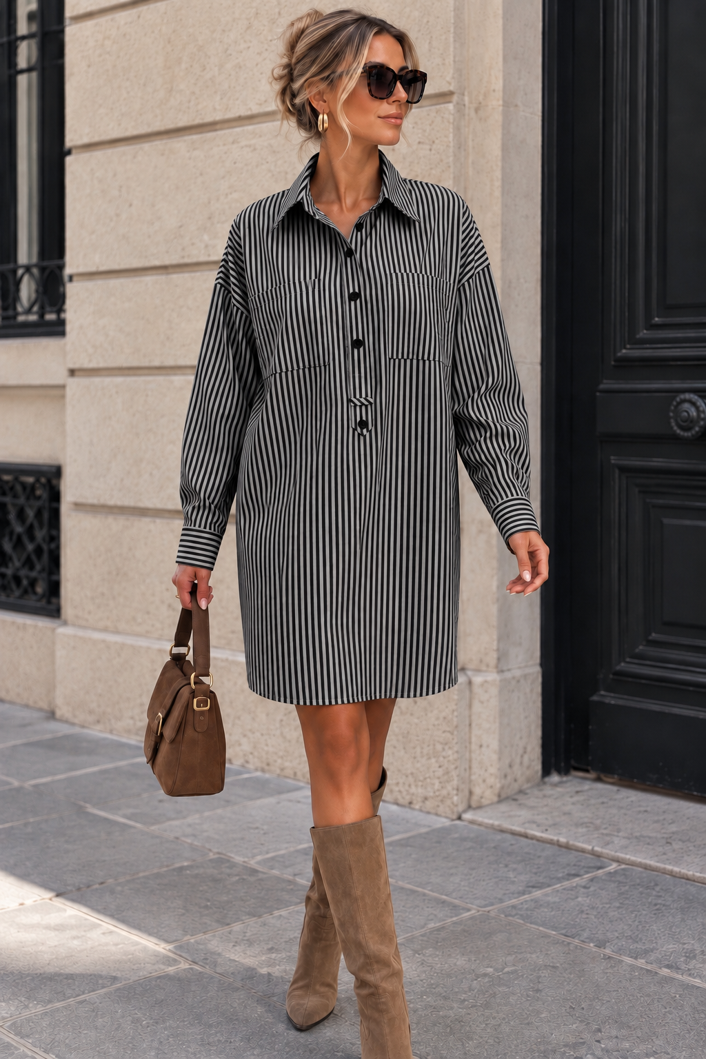 Lyanna Grey Striped Shirt Dress