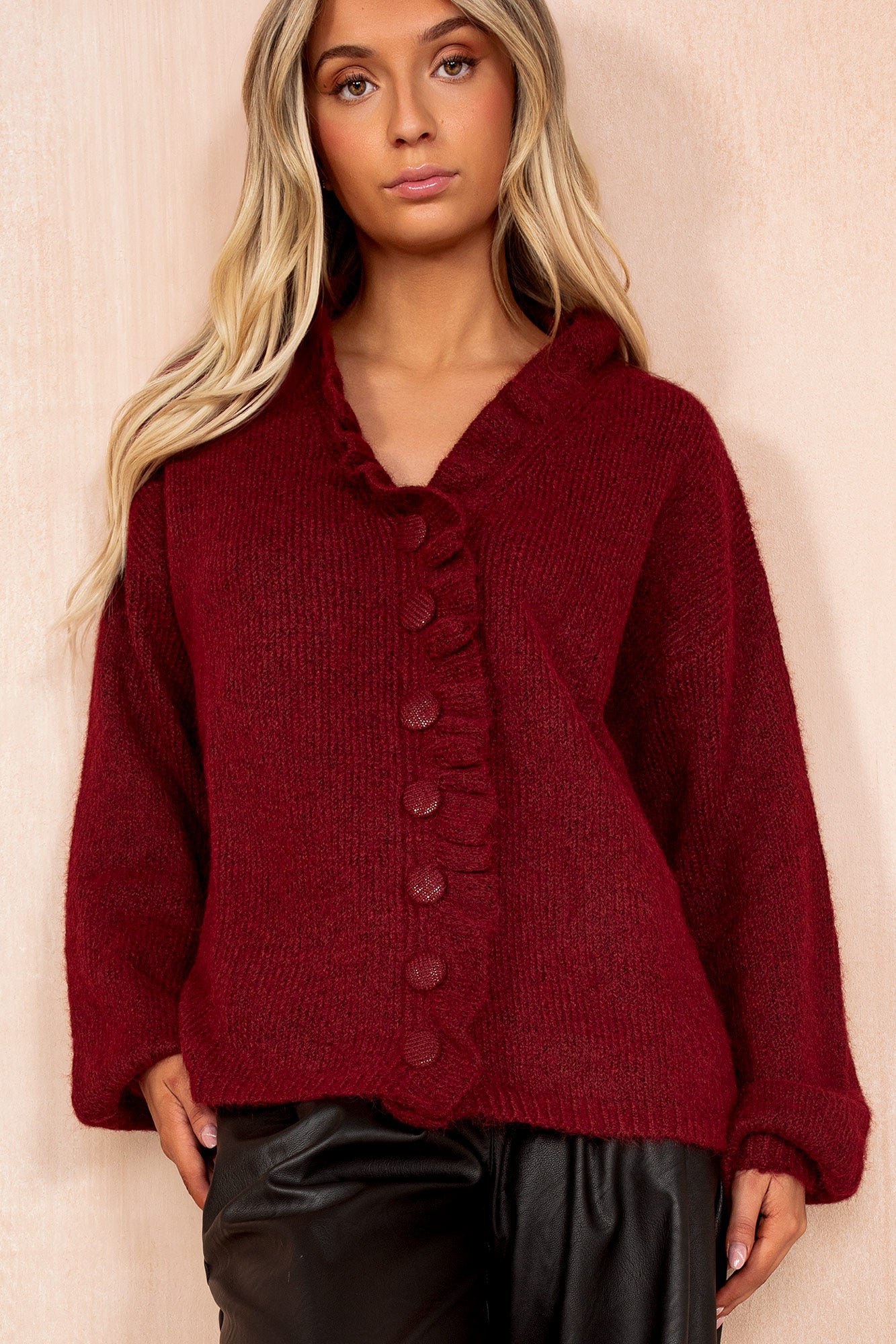 Mahira Wine Knit Frill Cardigan