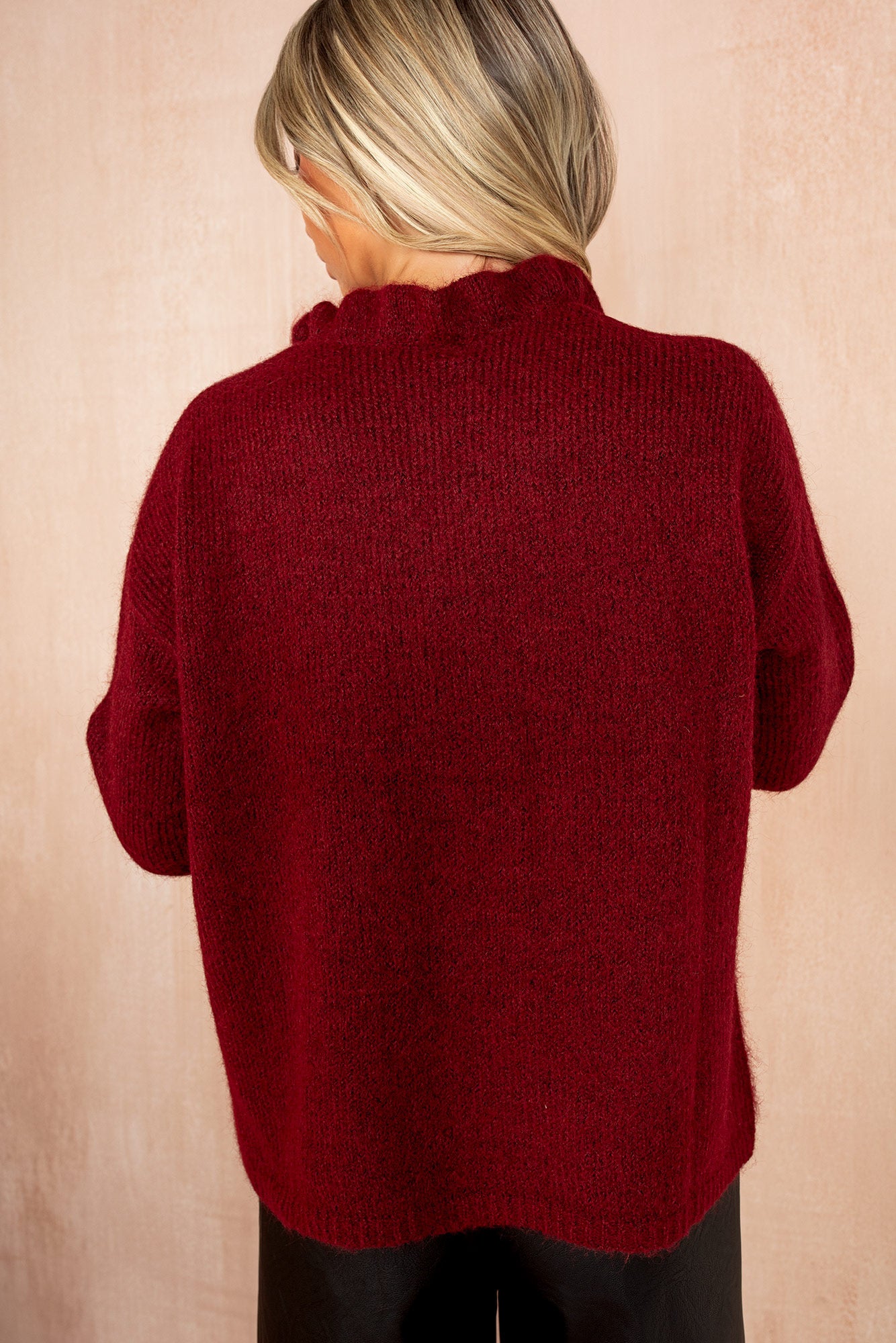 Mahira Wine Knit Frill Cardigan