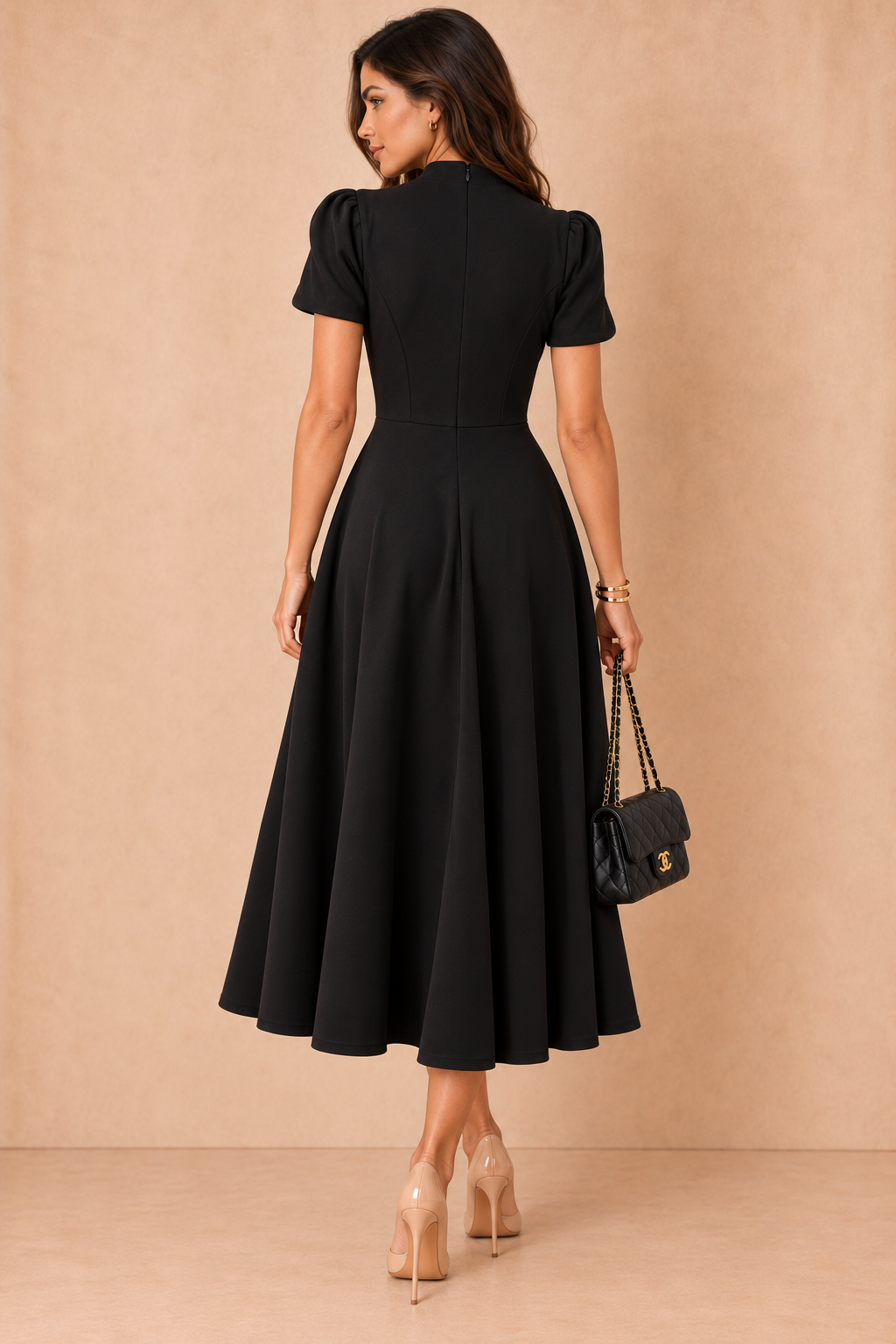 Marianna Black Tulip Sleeve Midi Dress