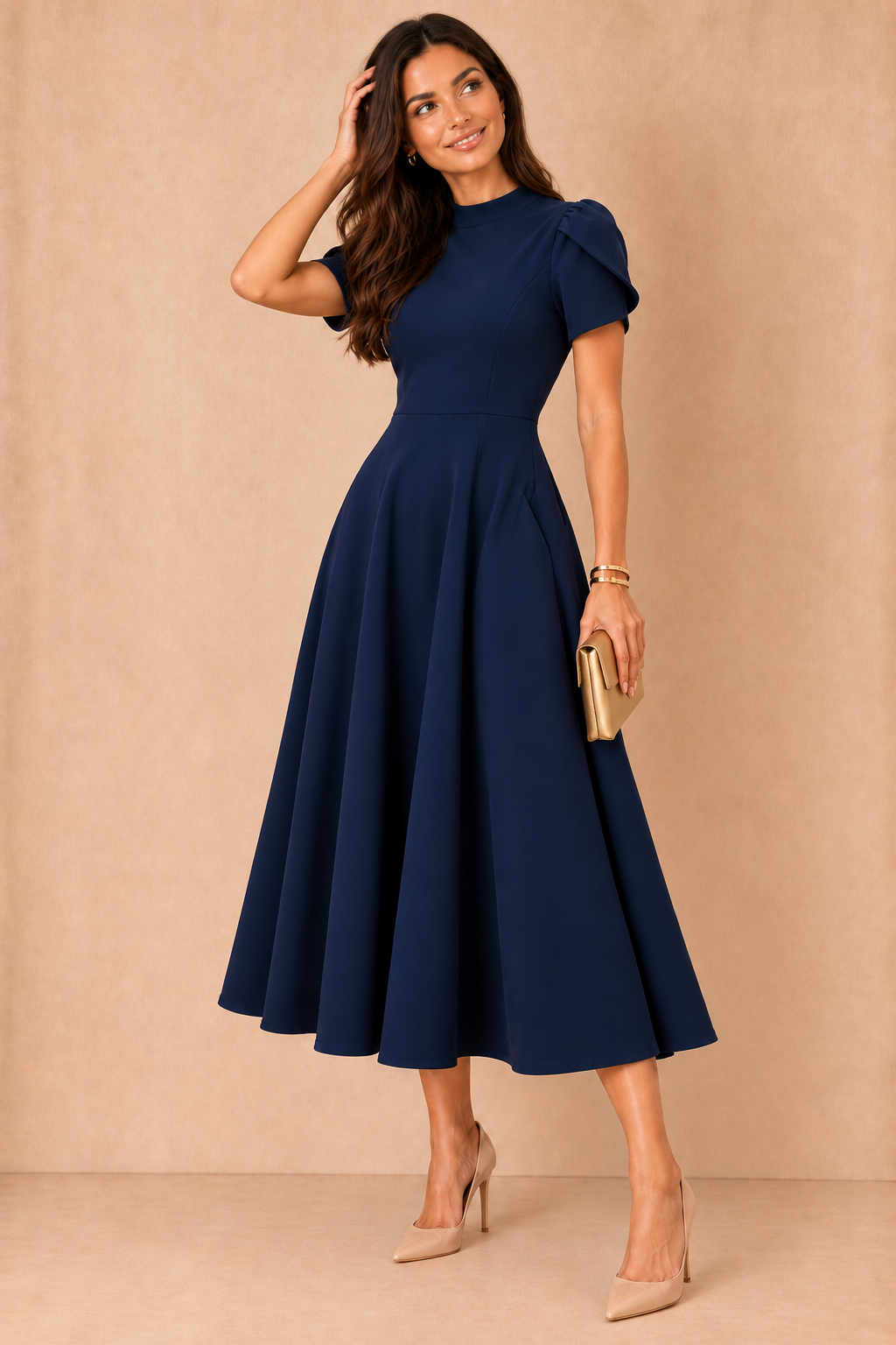 Marianna Navy Tulip Sleeve Midi Dress