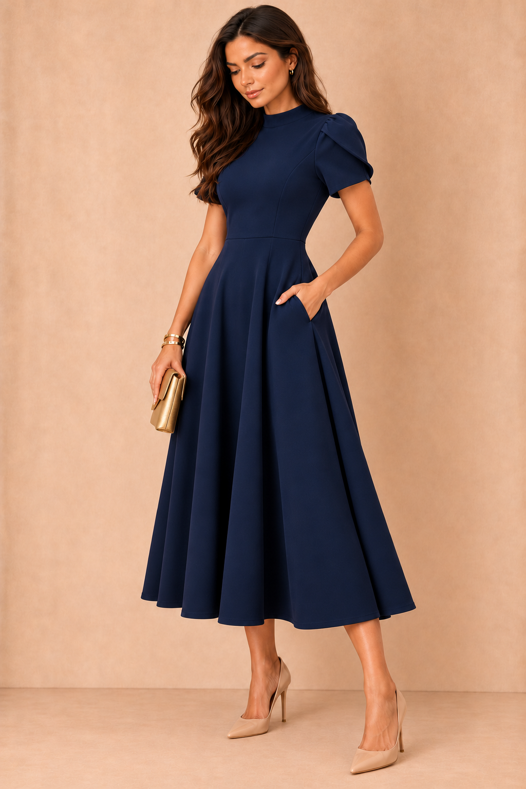 Marianna Navy Tulip Sleeve Midi Dress