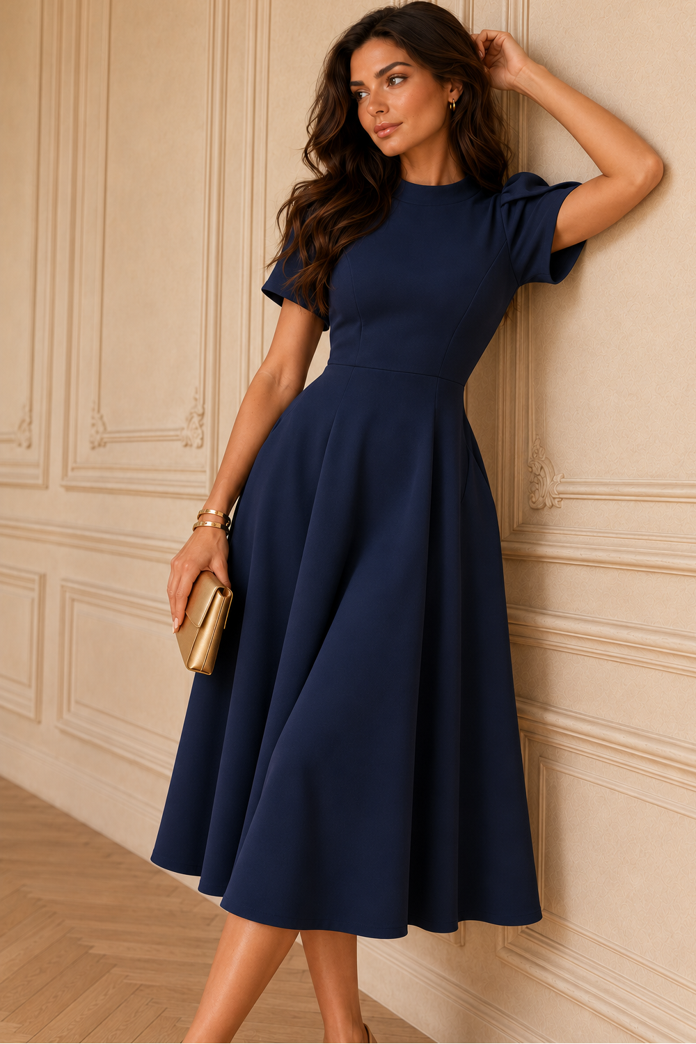 Marianna Navy Tulip Sleeve Midi Dress