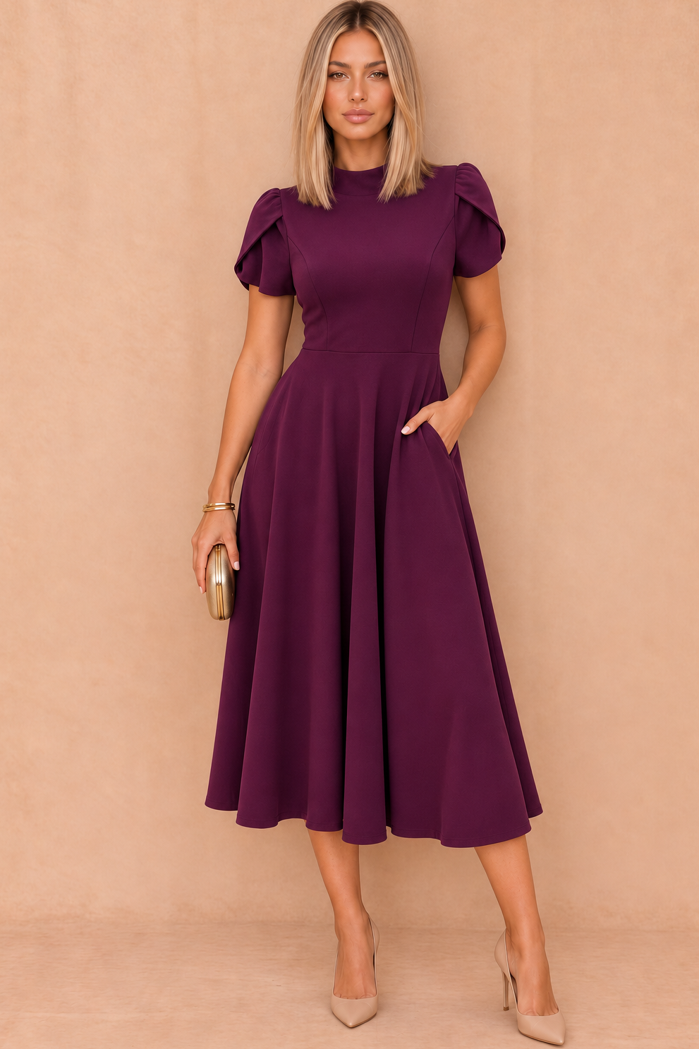 Marianna Plum Tulip Sleeve Midi Dress