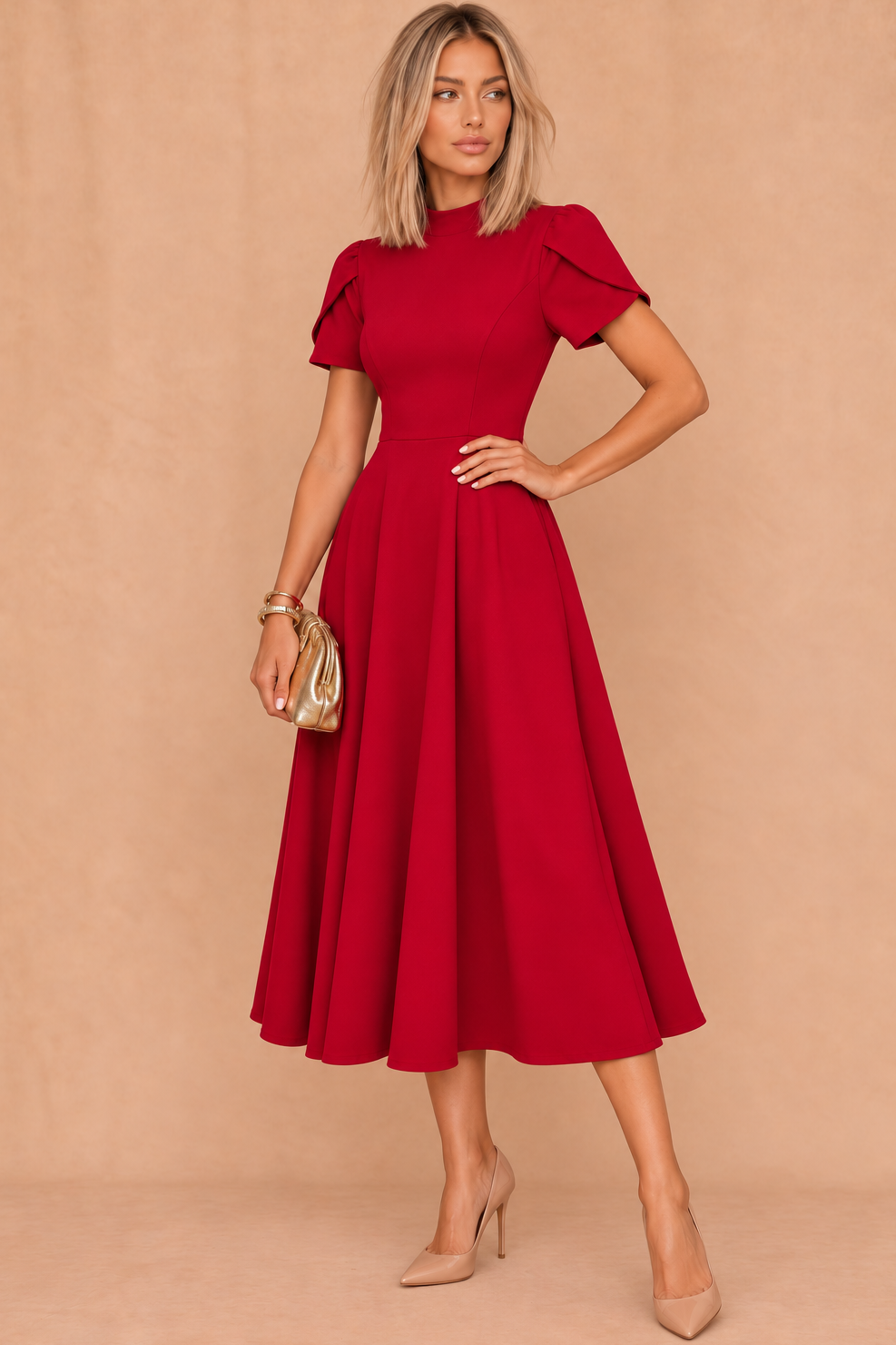 Marianna Red Tulip Sleeve Midi Dress