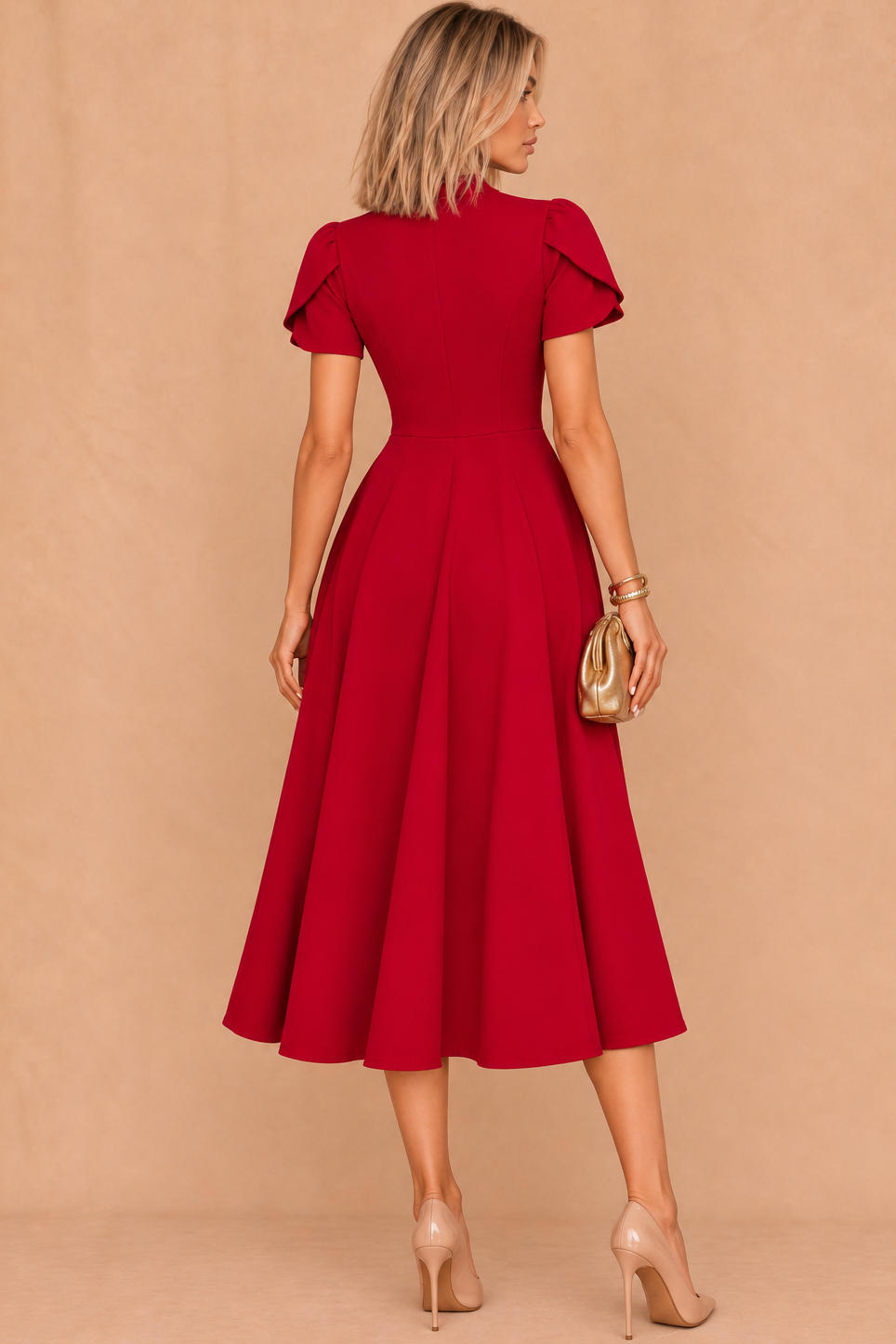 Marianna Red Tulip Sleeve Midi Dress