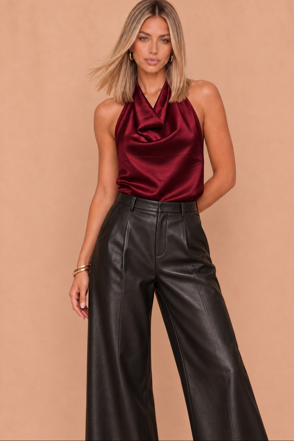 Mary Burgundy Satin Cowl Neck Top