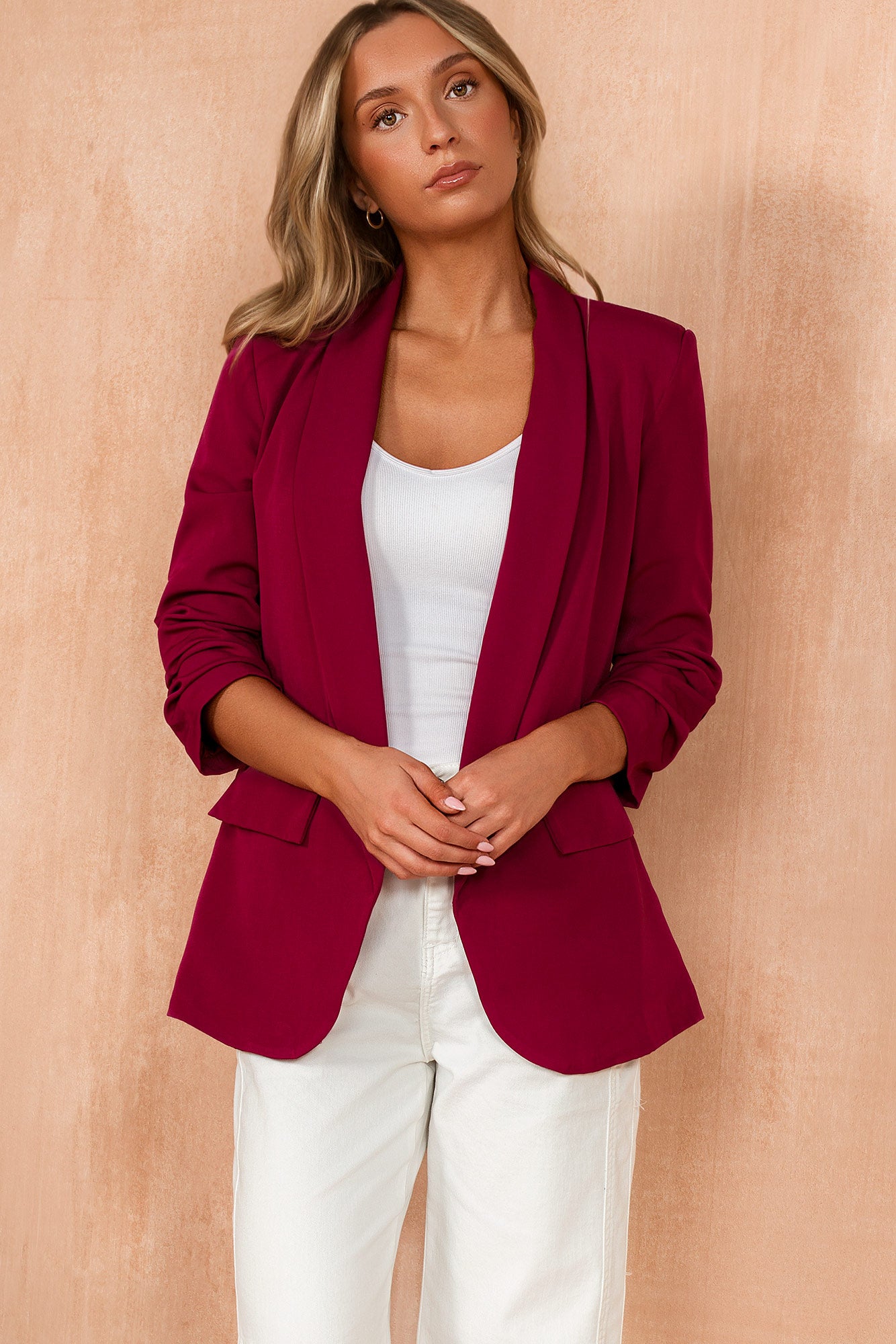 Maxine Burgundy Ruched Sleeve Blazer