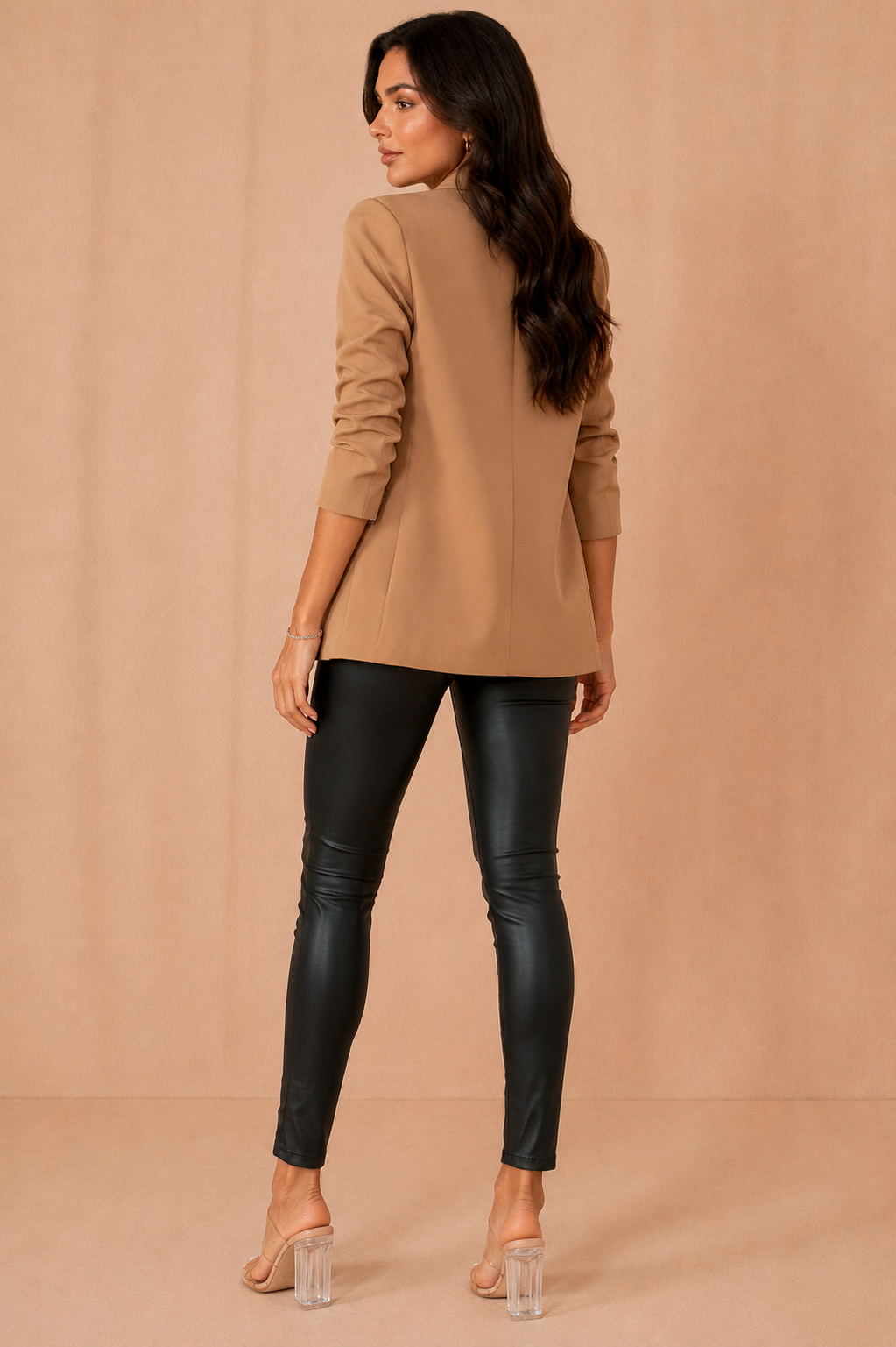 Maxine Camel Ruched Sleeve Blazer
