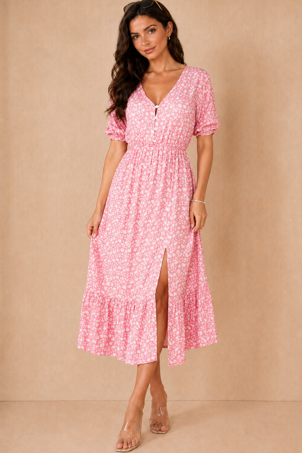 Melody Pink Ditsy Print Midi Dress
