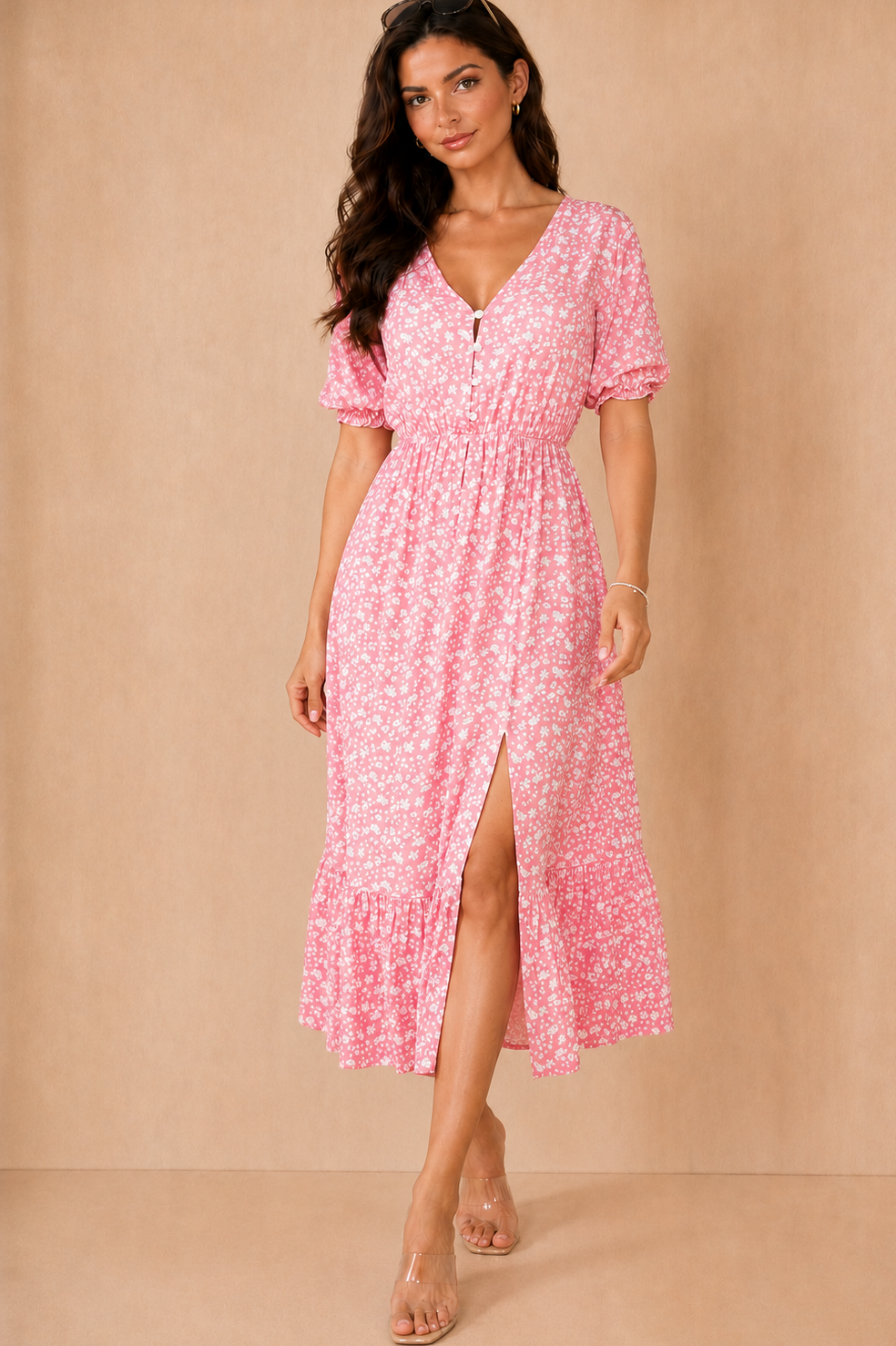 Melody Pink Ditsy Print Midi Dress