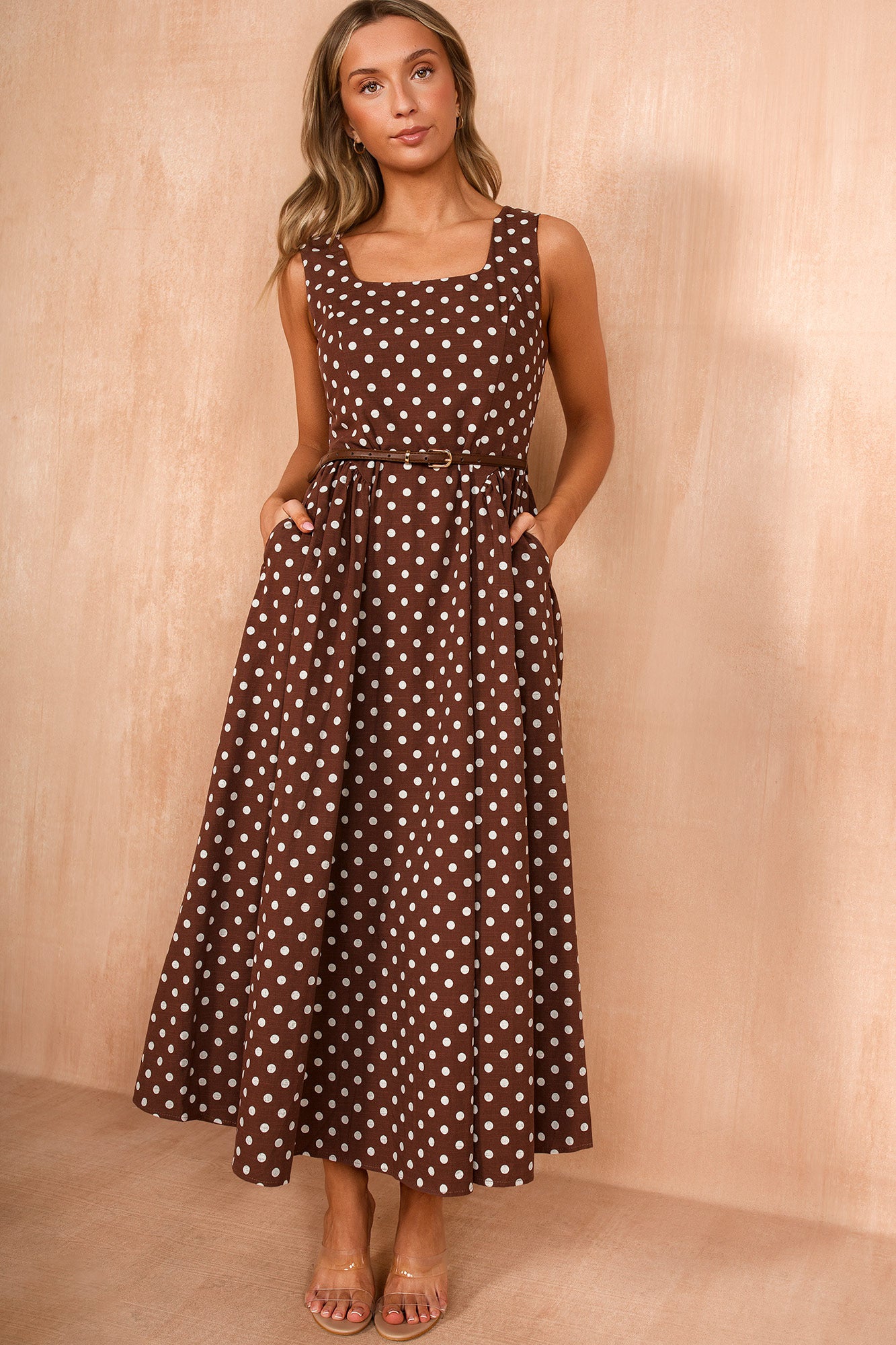 Milani Chocolate Polka Dot Belted Midi Dress