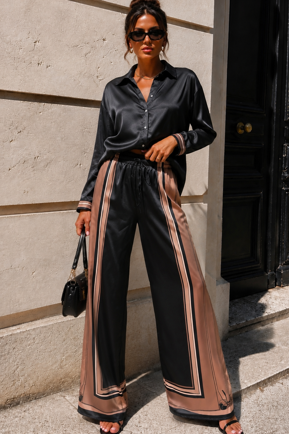 Narisa Black Satin Border Print Co Ord