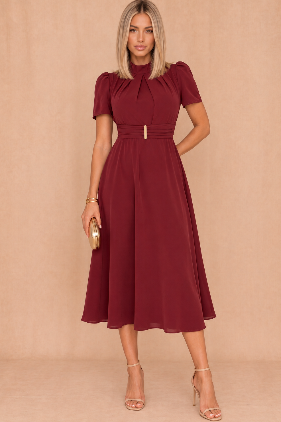 Narla Wine Gold Buckle Midi Dress