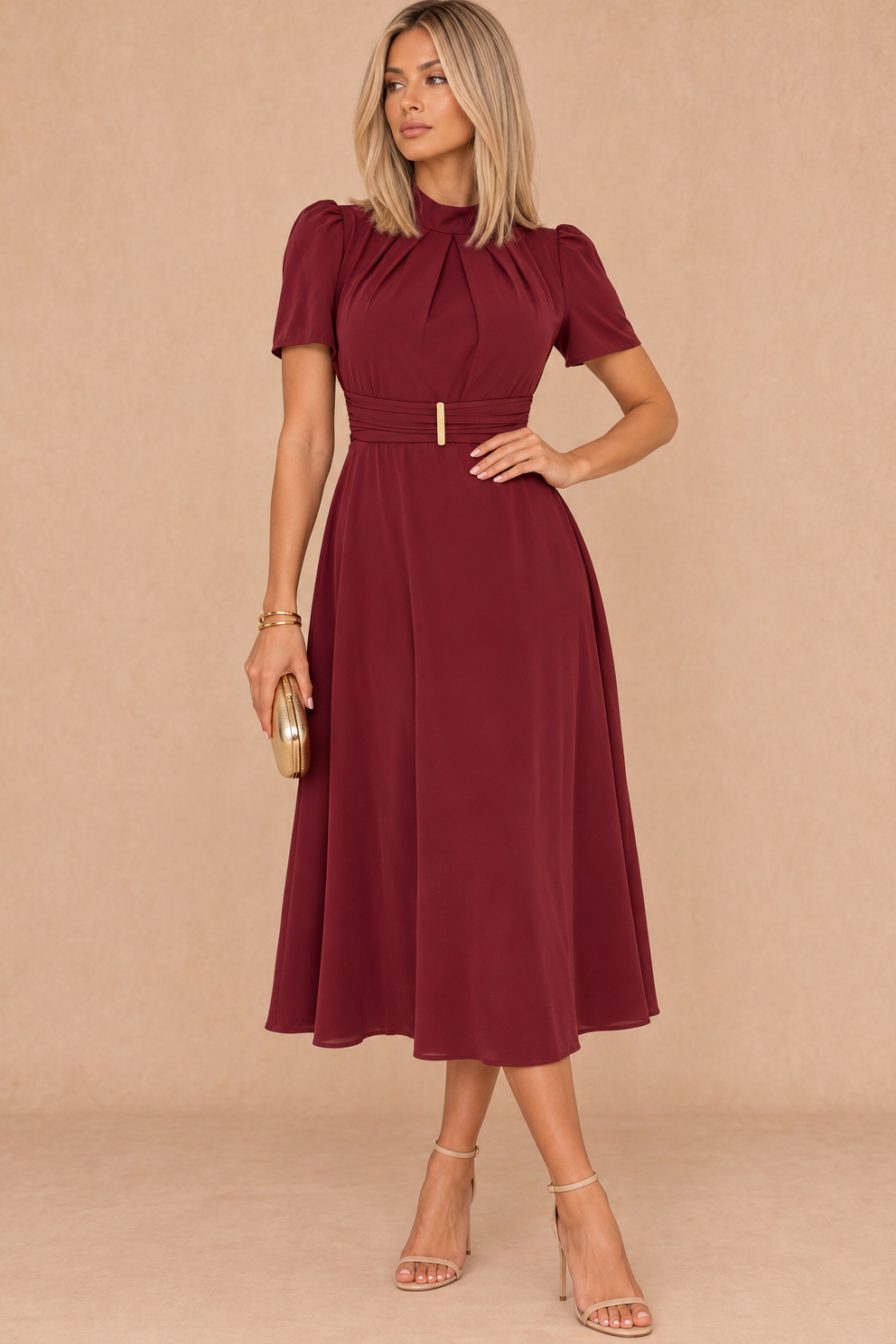 Narla Wine Gold Buckle Midi Dress