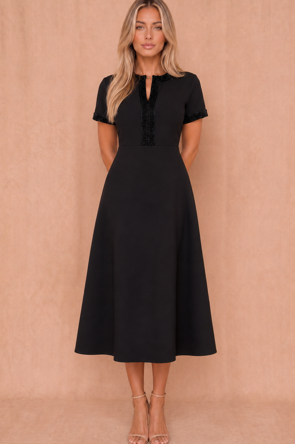 Natalia Black Beaded Midi Dress