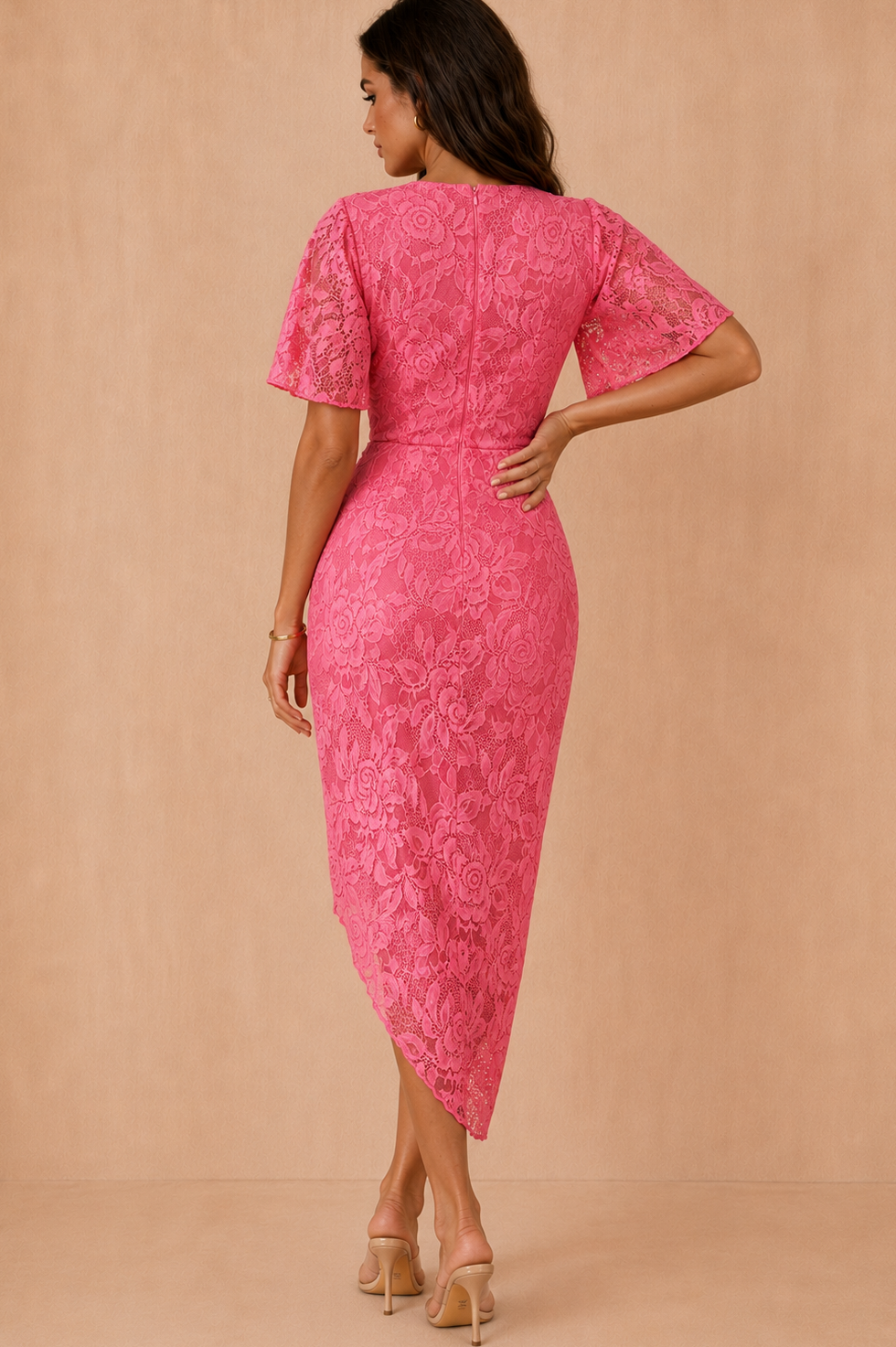 Natasha Pink Lace Wrap Midi Dress