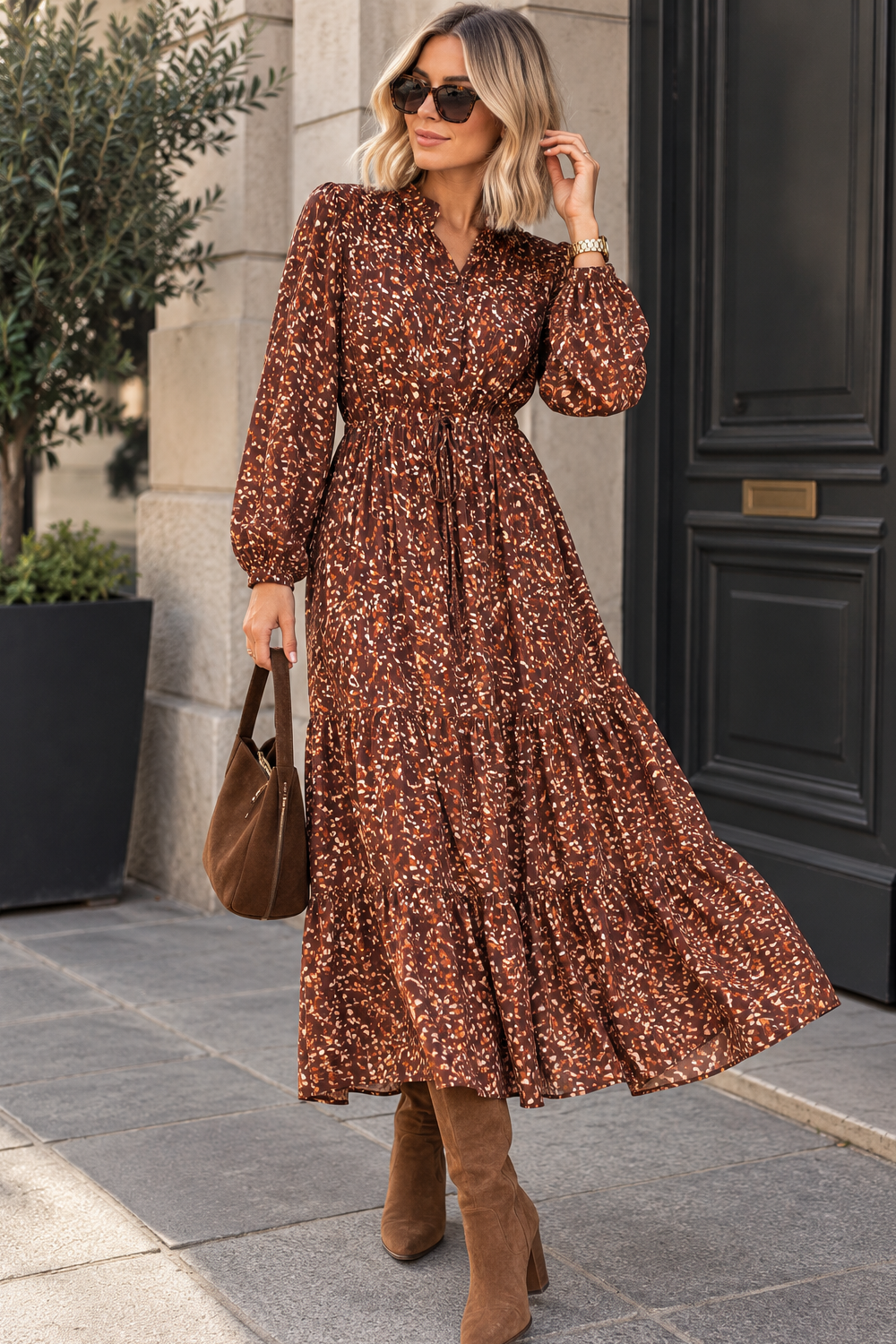 Naveen Chocolate Print Tiered Maxi Dress