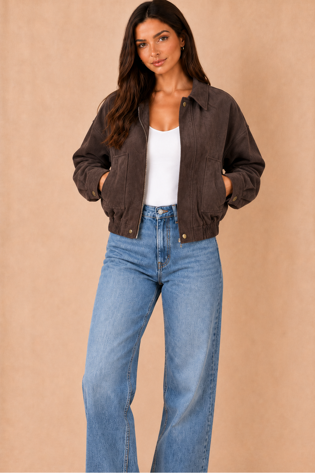 Nell Chocolate Suedette Bomber Jacket