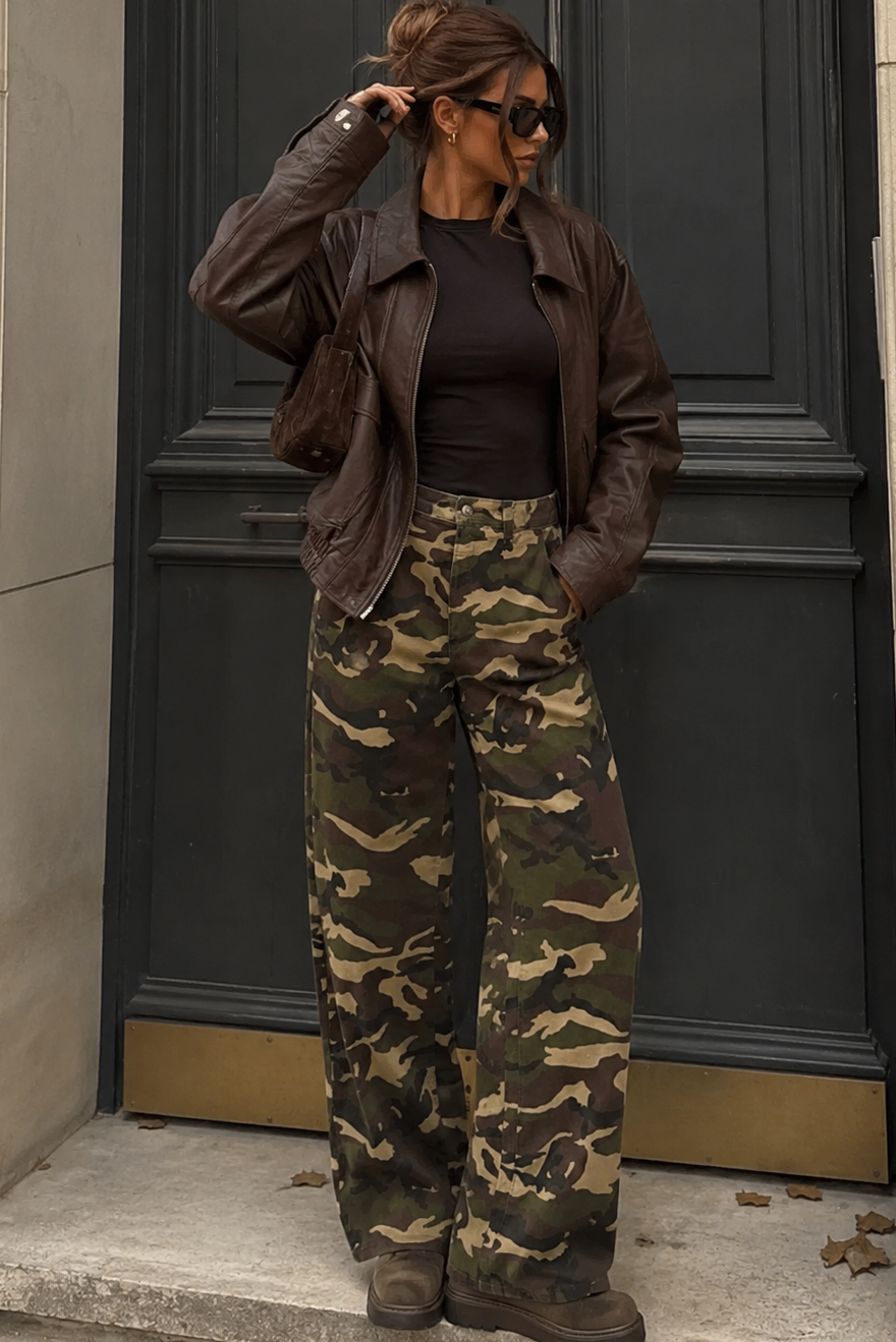 Nico Khaki Camouflage Wide Leg Jeans