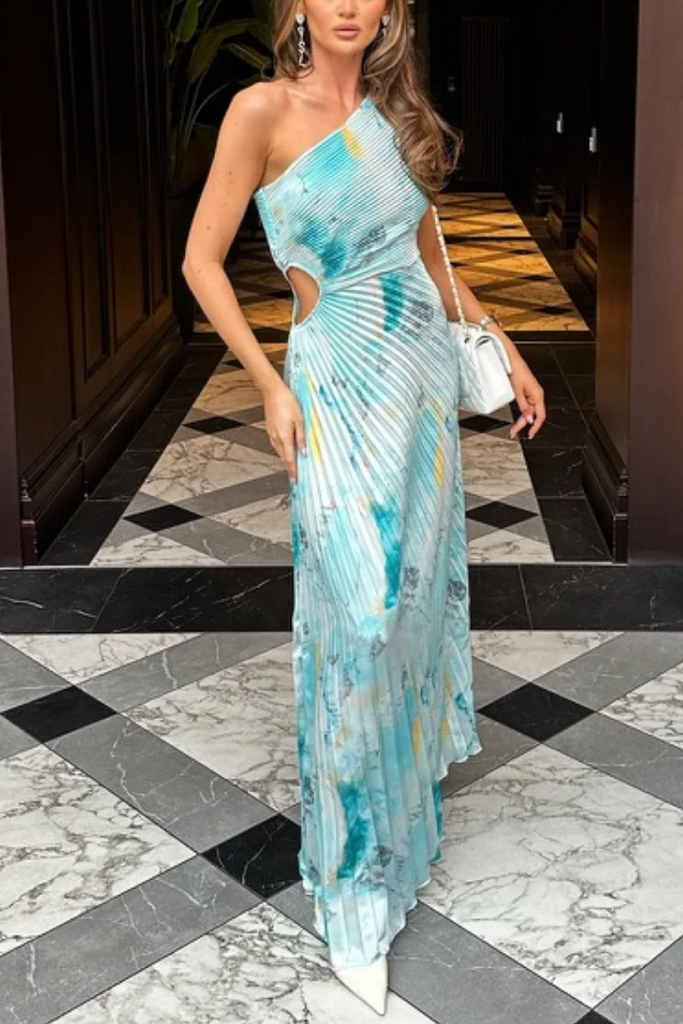 Nikki Turquoise Plisse Marble Print Dress