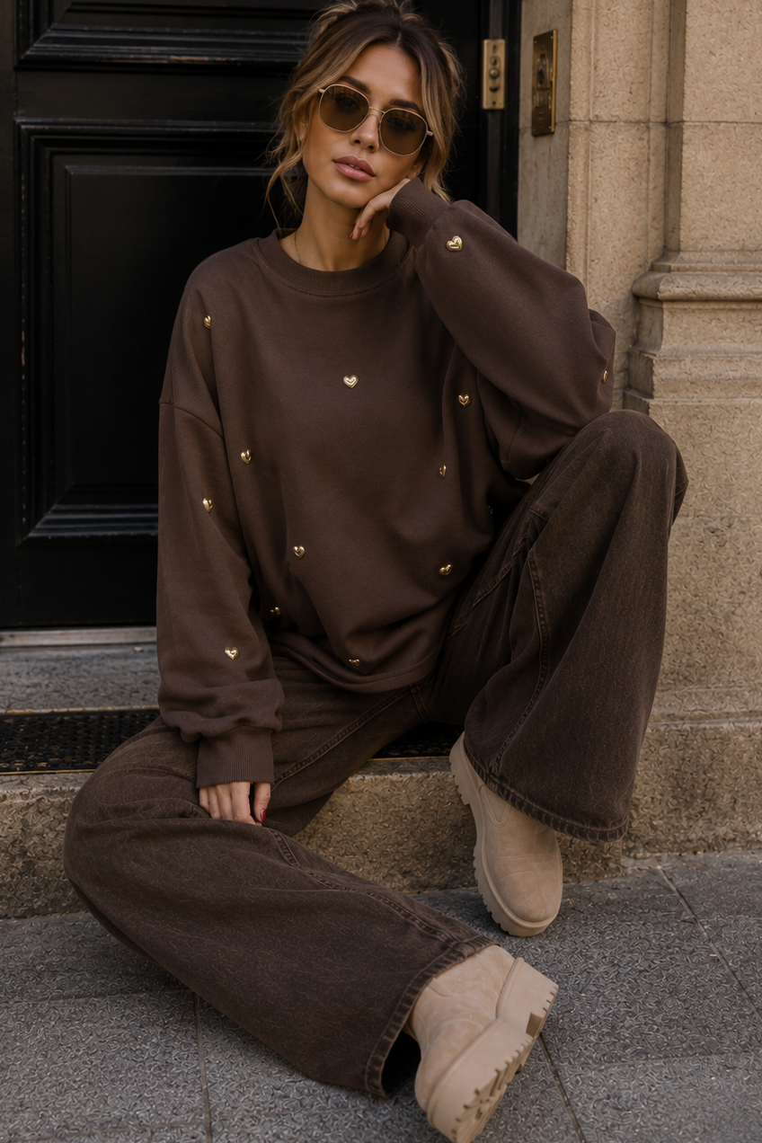 Novah Chocolate Studded Heart Sweater