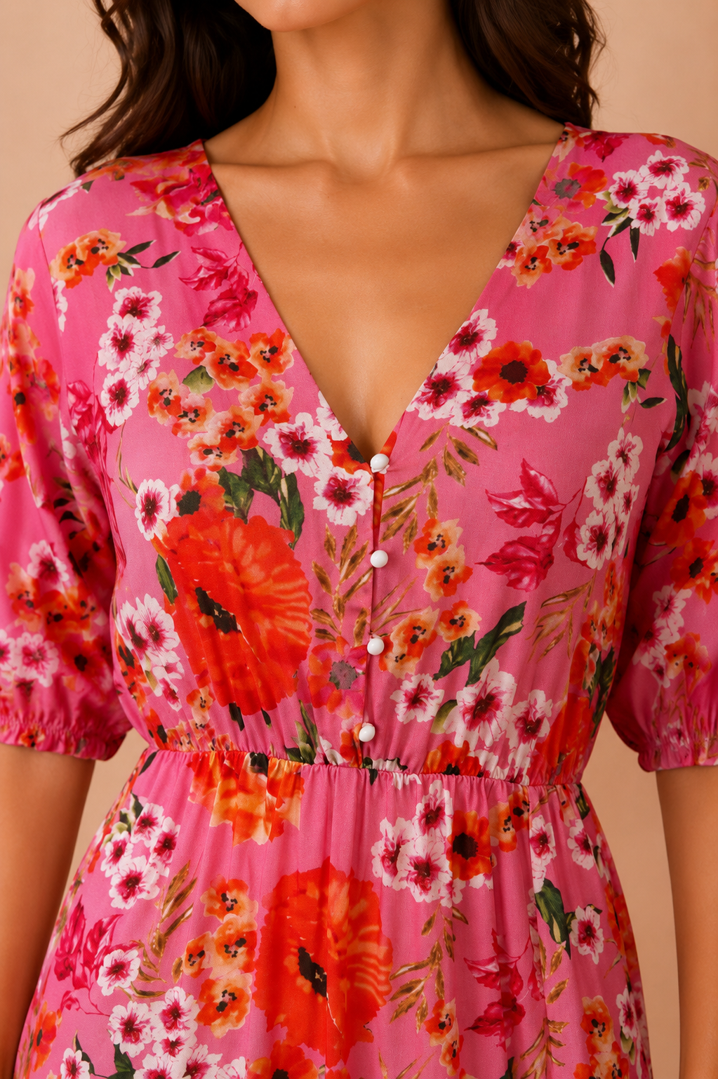 Odetta Pink and Orange Floral Midi Dress