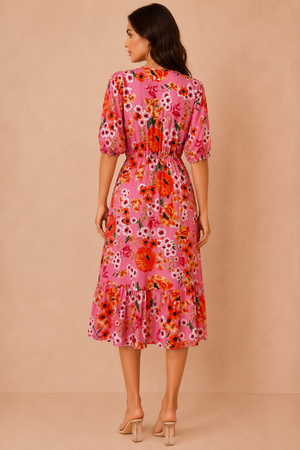 Odetta Pink and Orange Floral Midi Dress