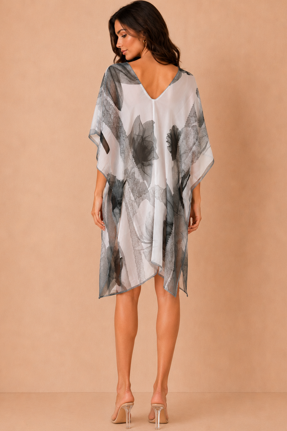 Ofelia Grey Satin Printed Kaftan Dress