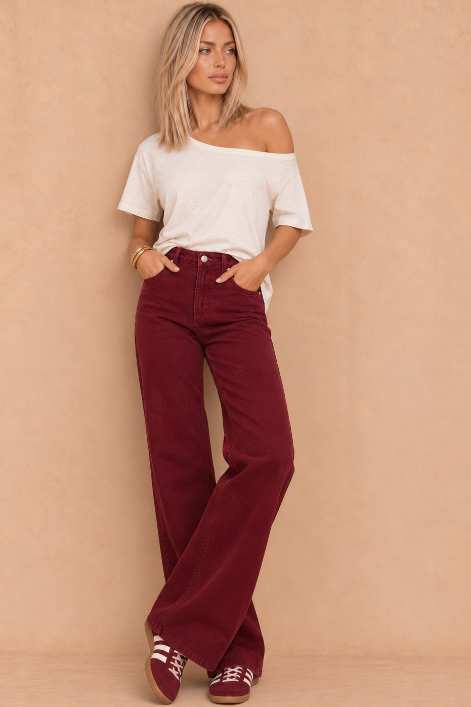 Olida Burgundy Denim Wide Leg Jeans