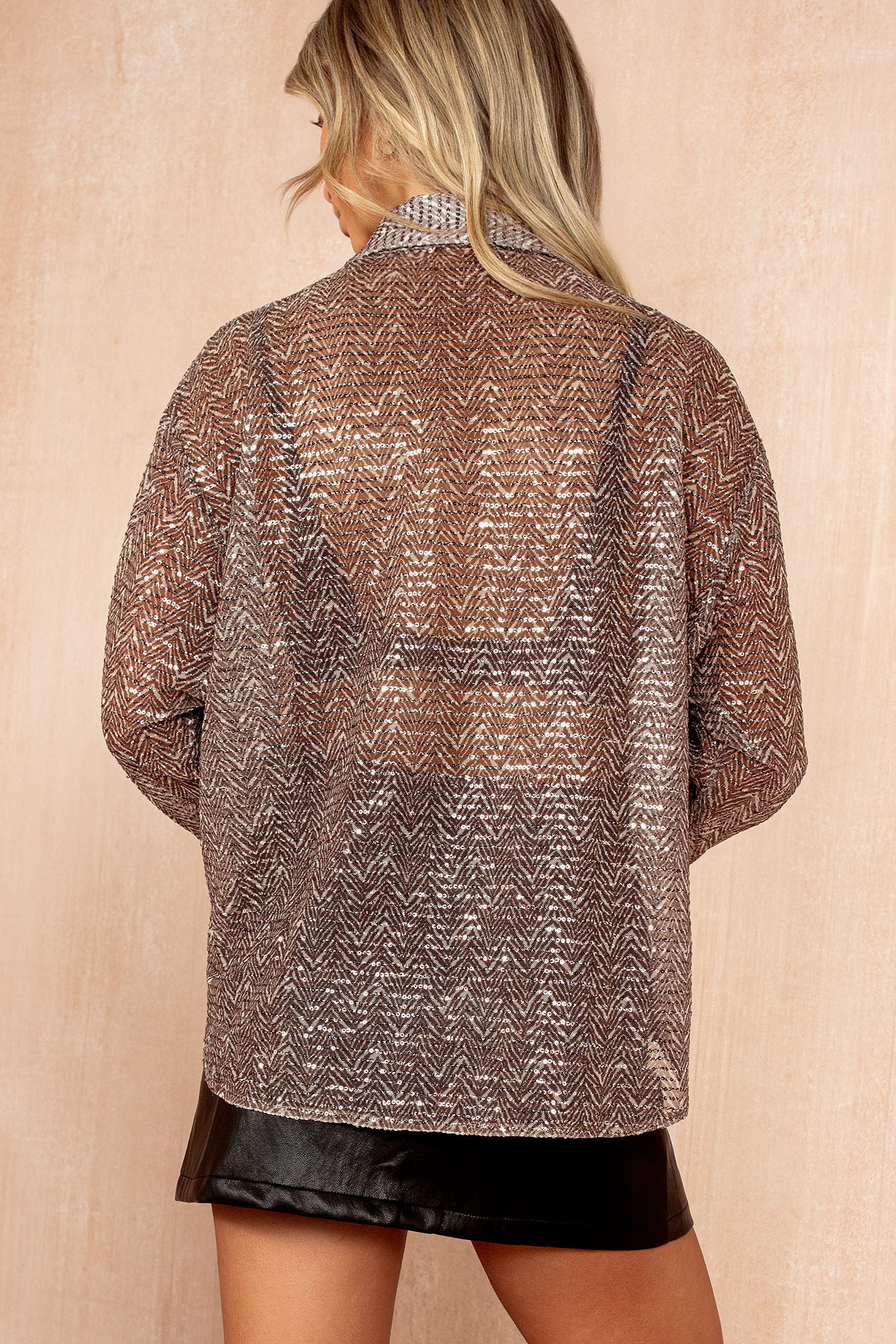 Olive Bronze Sheer Printed Sequin Shirt