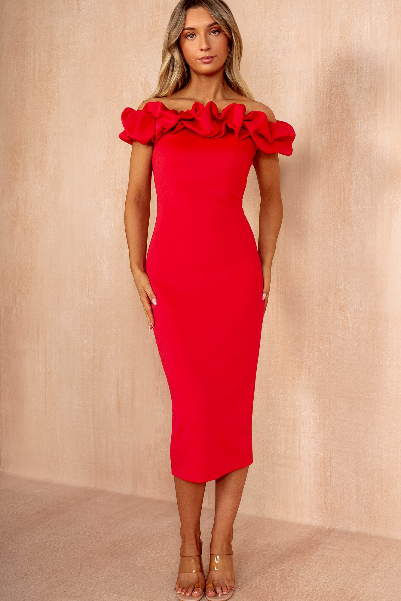 Ophelia Magenta Ruffle Bardot Midi Dress