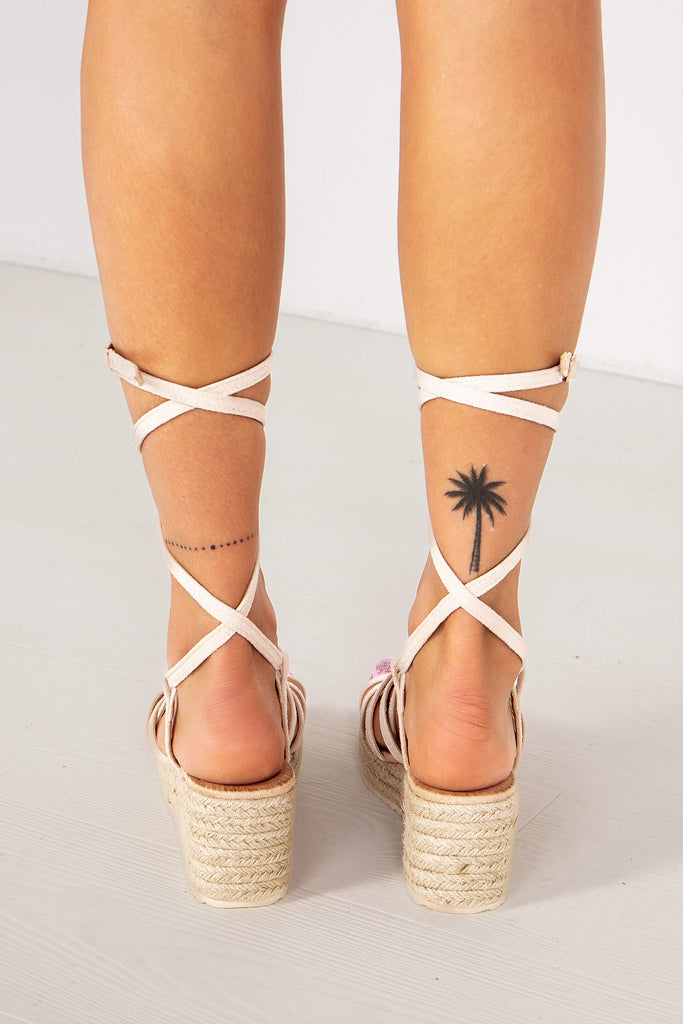 Paislee Nude Lace Up Espadrille Wedges