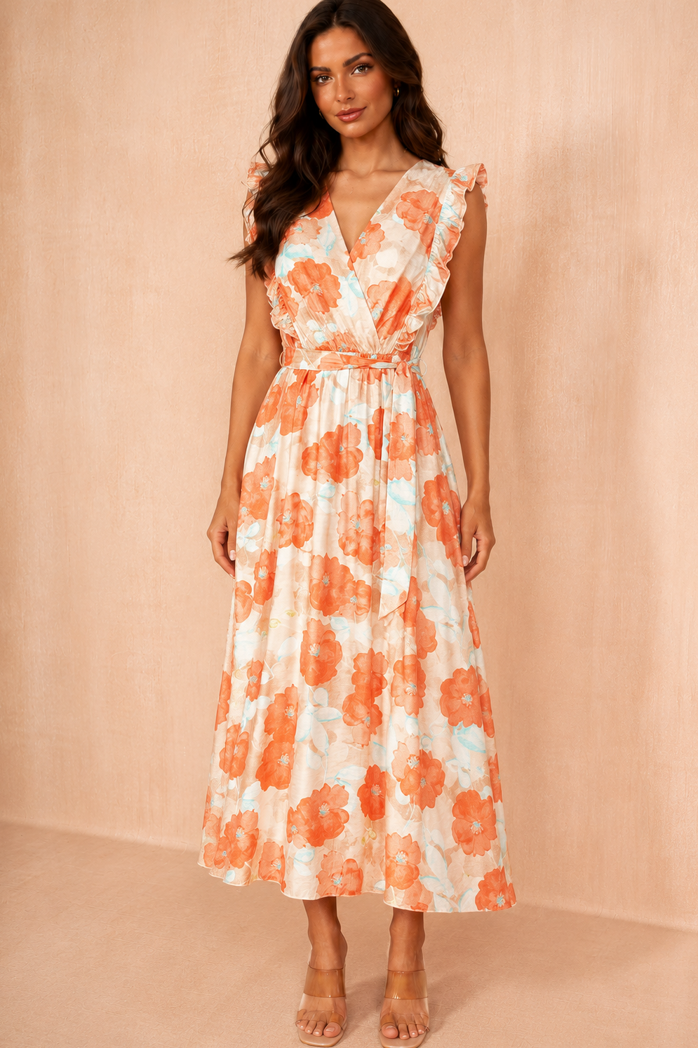 Paola Orange Linen Floral Frill Belted Midi Dress