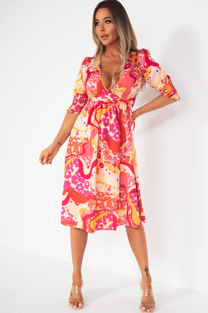 Petunia Orange and Pink Print Wrap Dress