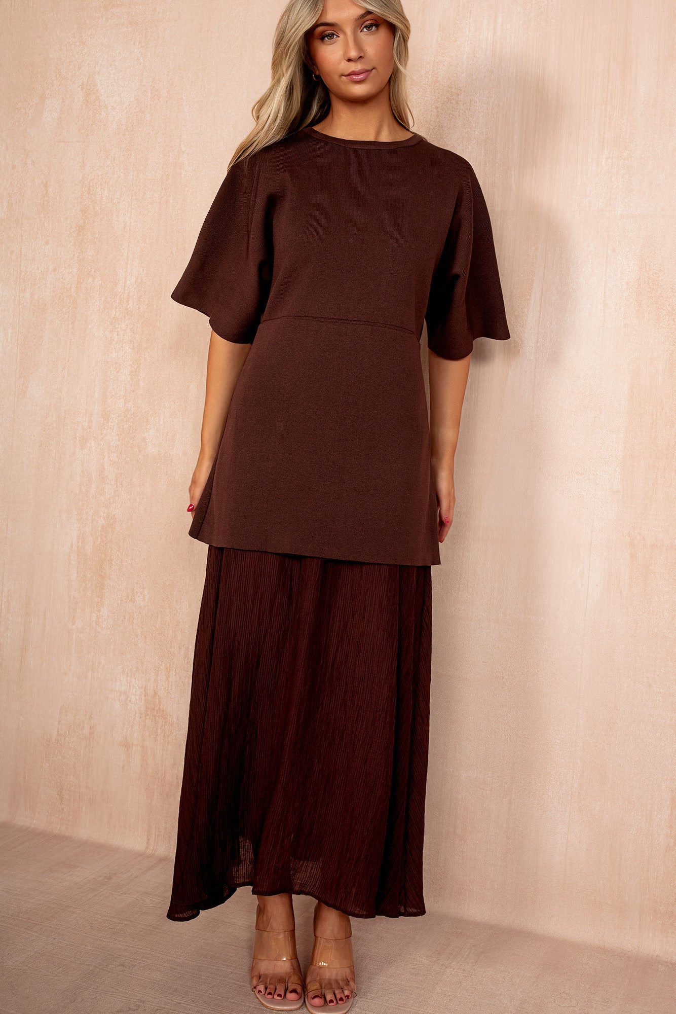 Lesley Chocolate Knit Contrast 2 in 1 Maxi Dress