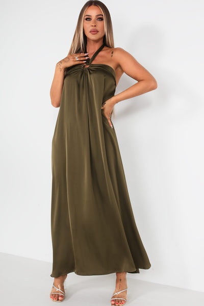 Quetta Khaki Satin Halter Neck Dress