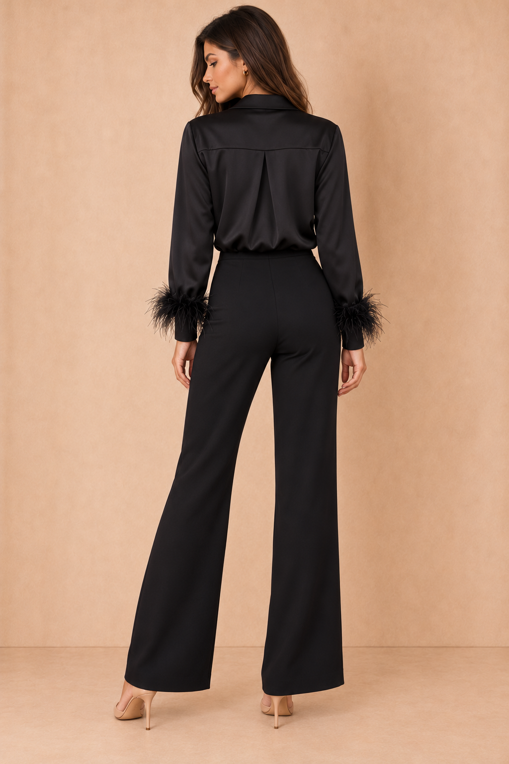 Regan Black Satin Feather Cuff Wrap Jumpsuit