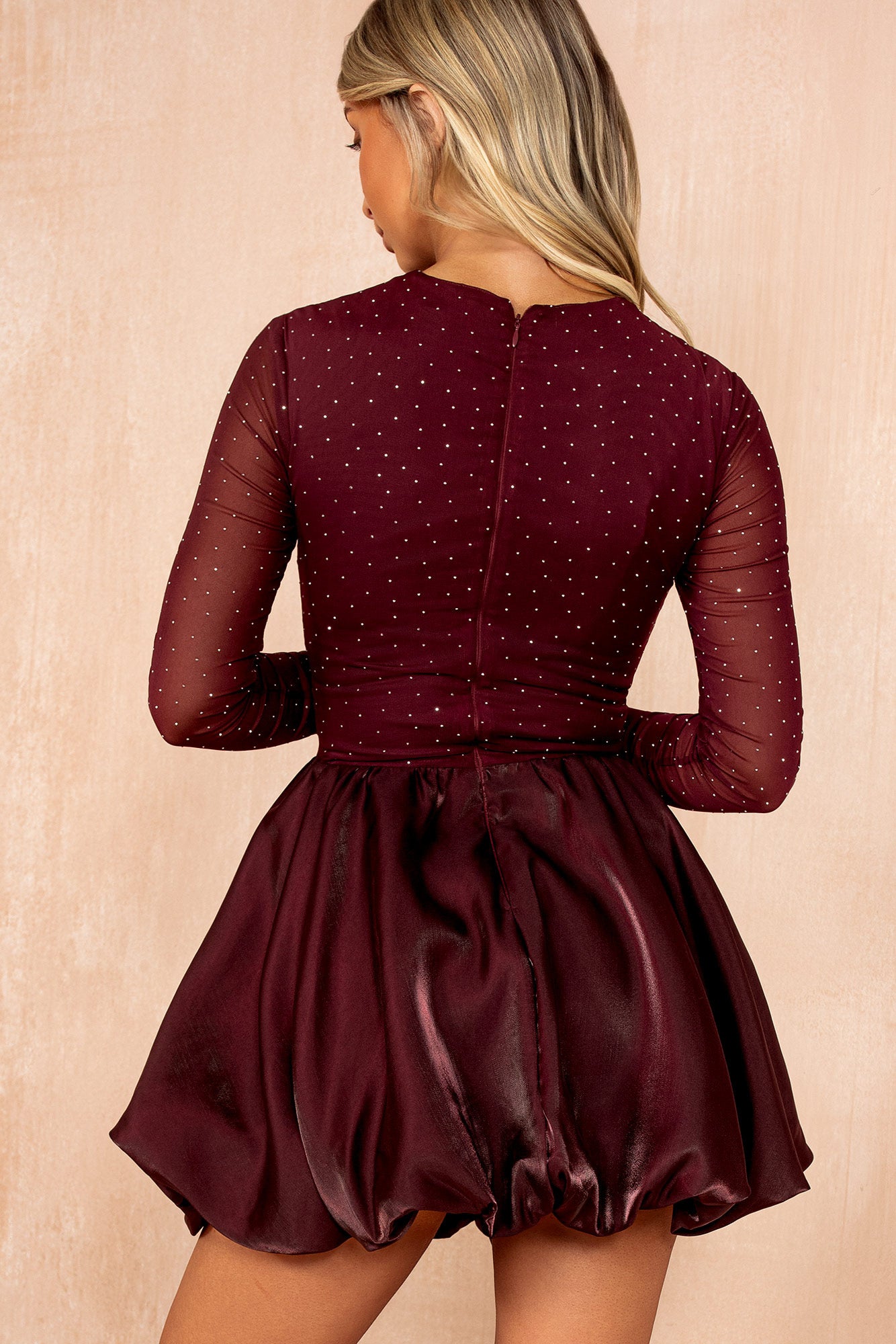 Reign Plum Mesh Diamante Bubble Hem Dress