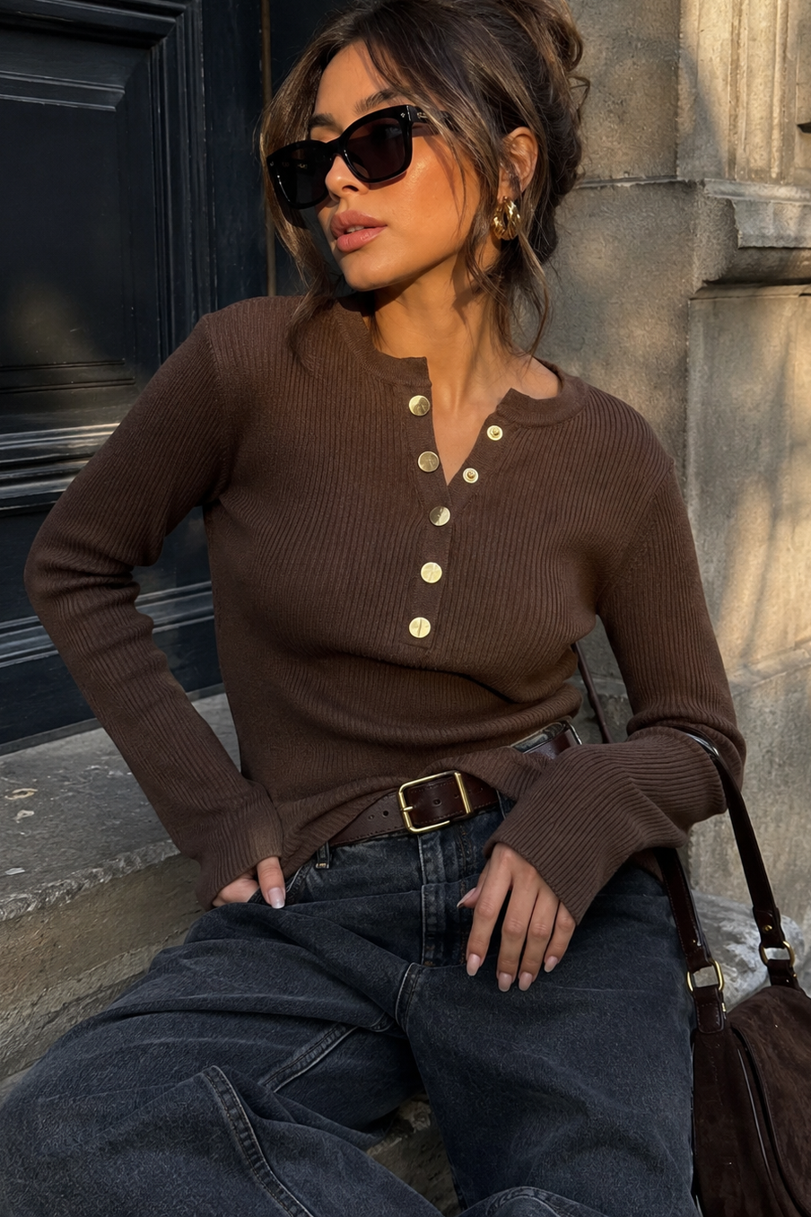 Reyna Chocolate Ribbed Knit Top