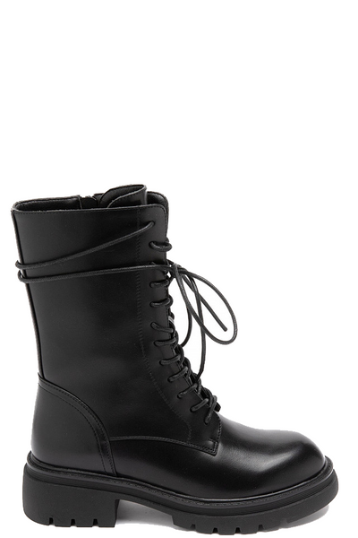 Rhea Black Faux Leather Biker Boots