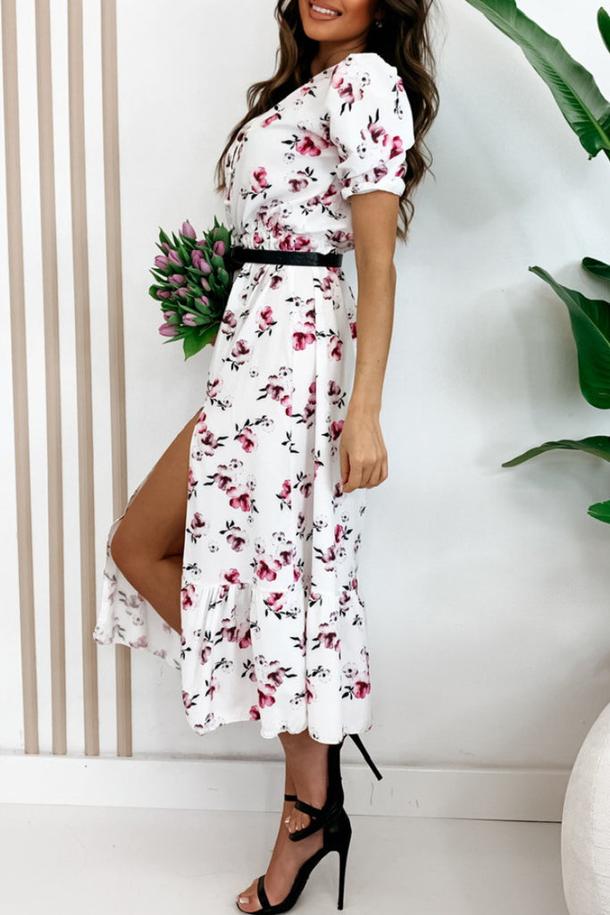 Sandy White and Pink Floral Midi Dress