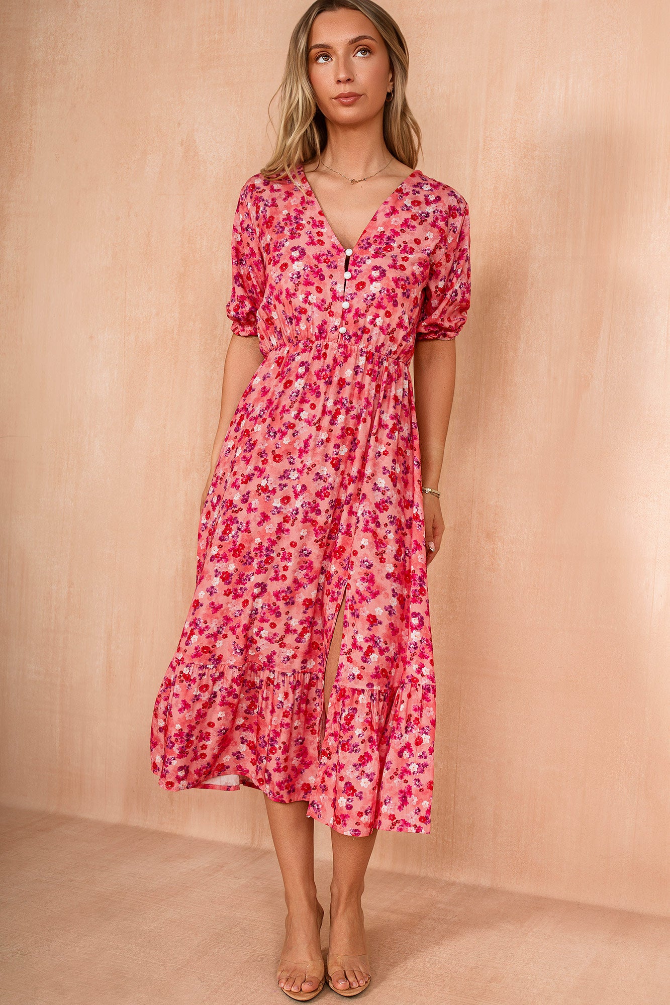 Saylor Pink Ditsy Print Midi Dress