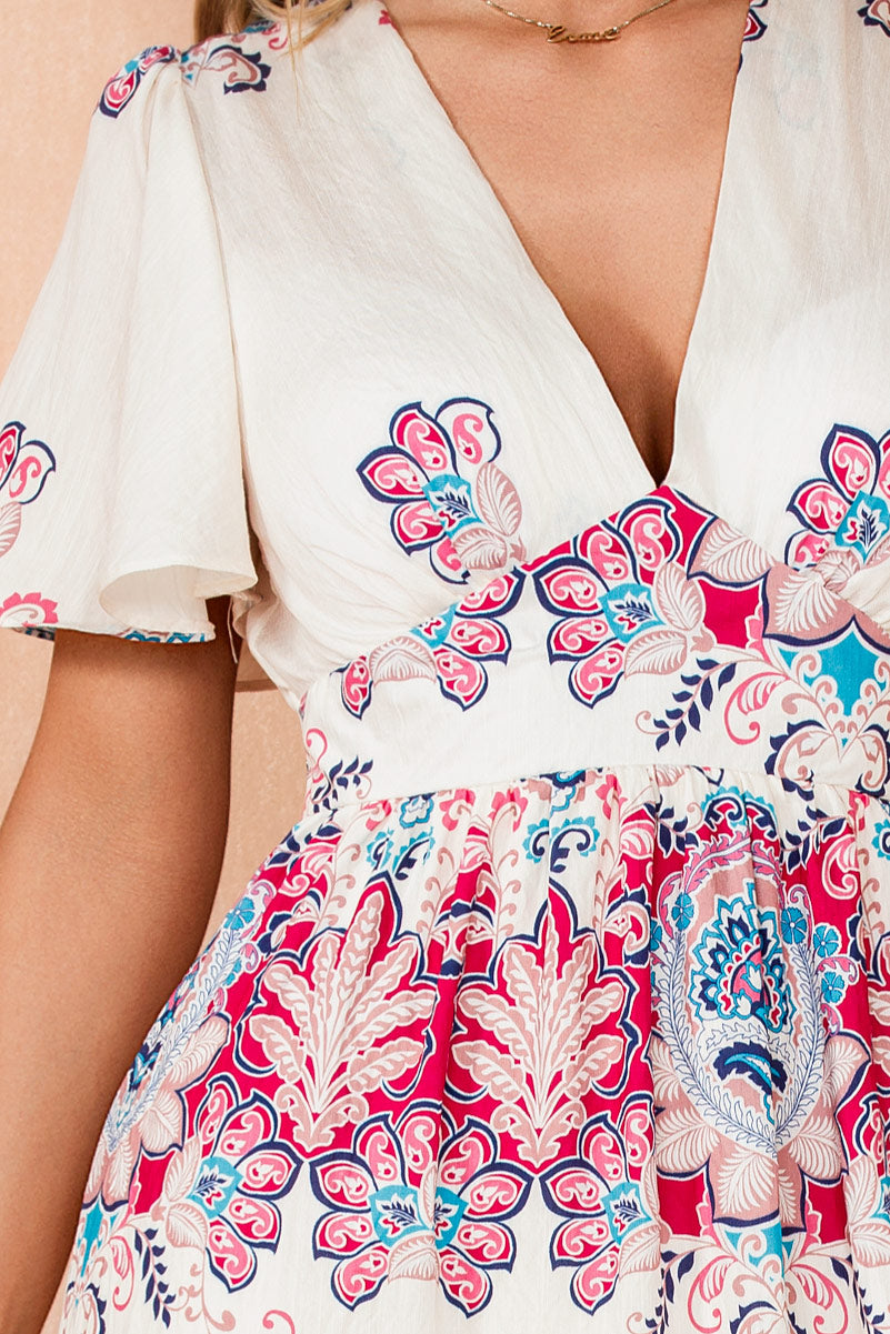 Scarlett Cream and Pink Border Print Dress