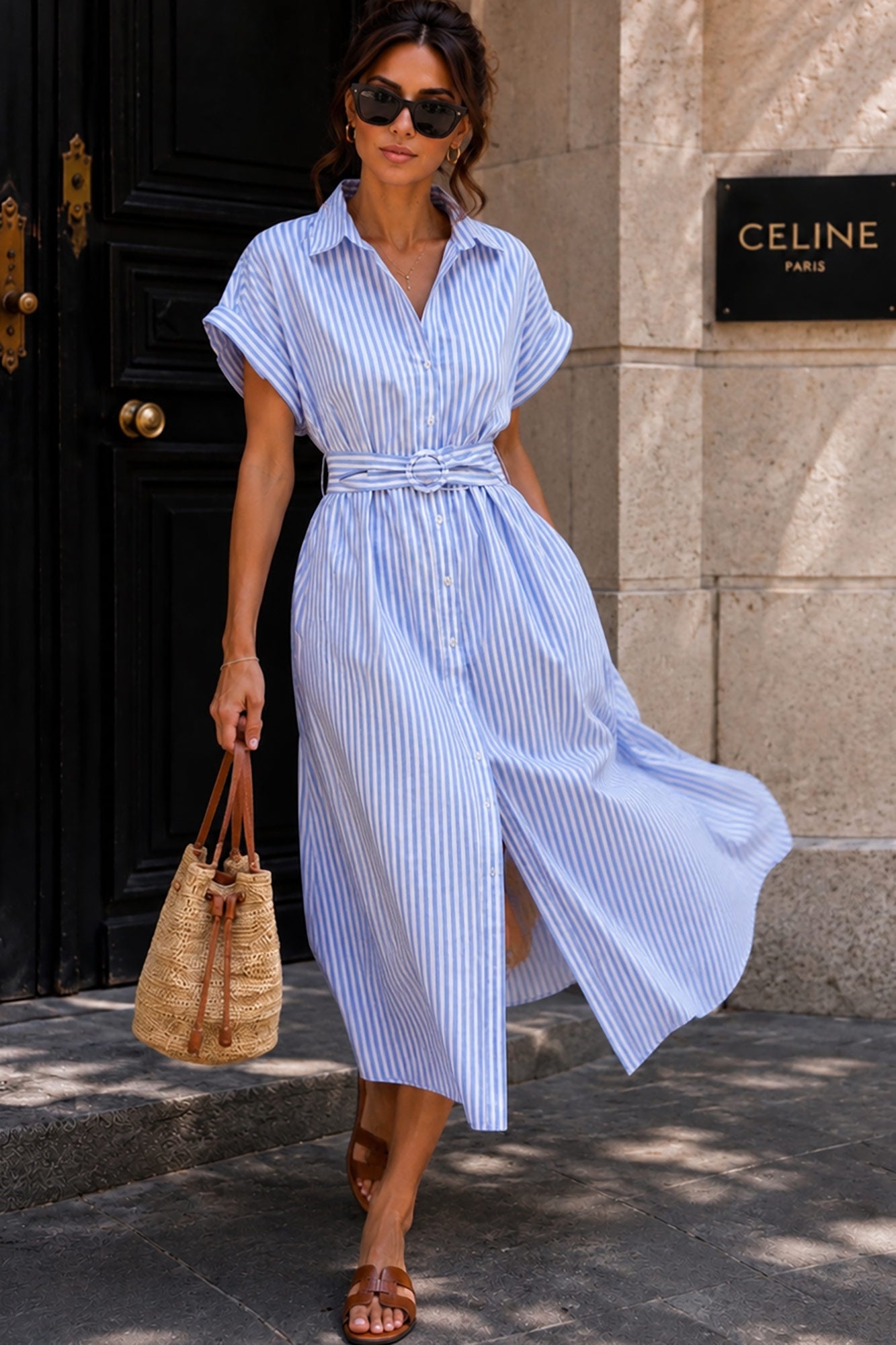 Sevora Blue Striped Belted Shirt Dress