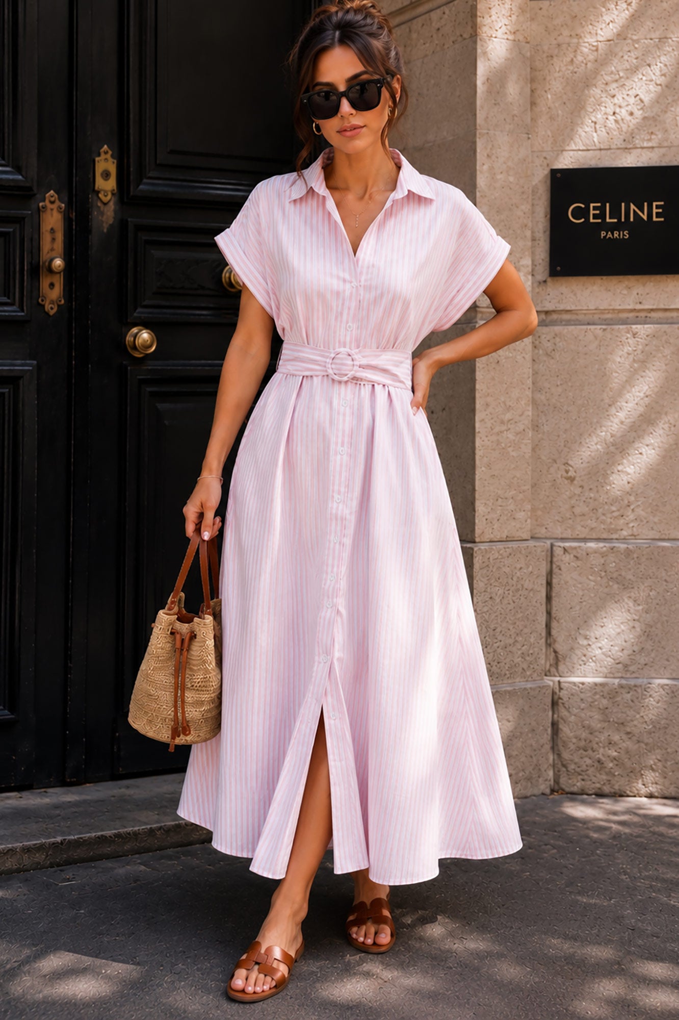 Sevora Pink Striped Belted Shirt Dress