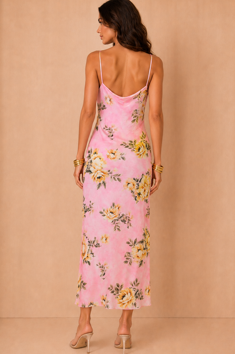 Sharon Pink Satin Floral Maxi Dress