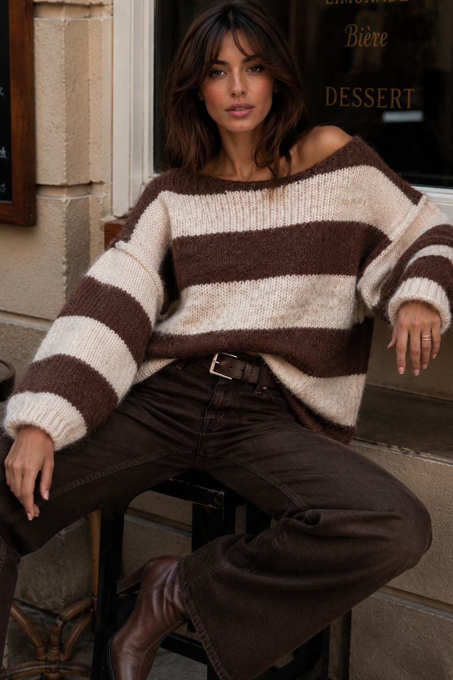 Siobhan Taupe and Chocolate Knit Striped Jumper
