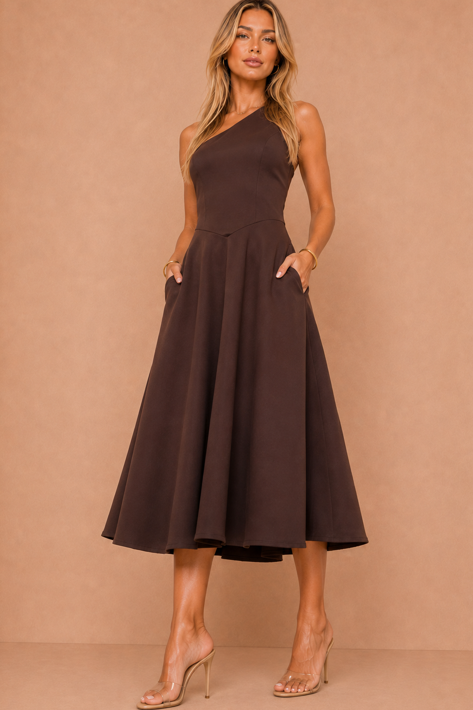 Suki Chocolate One Shoulder A-Line Midi Dress